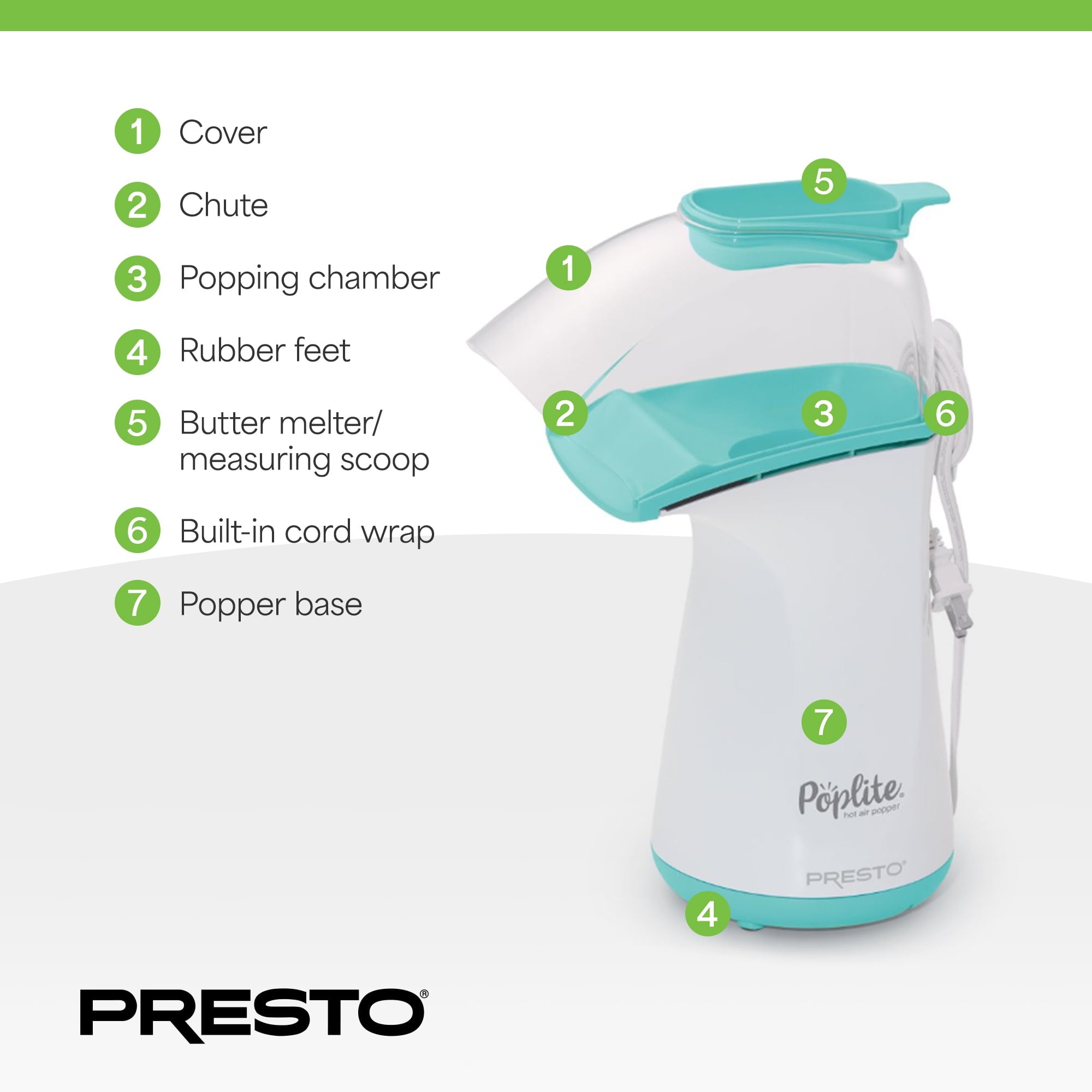 Presto 04869 PopLite Hot Air Popper Popcorn Maker for Home Kitchen - 18 Cups, Aqua/White