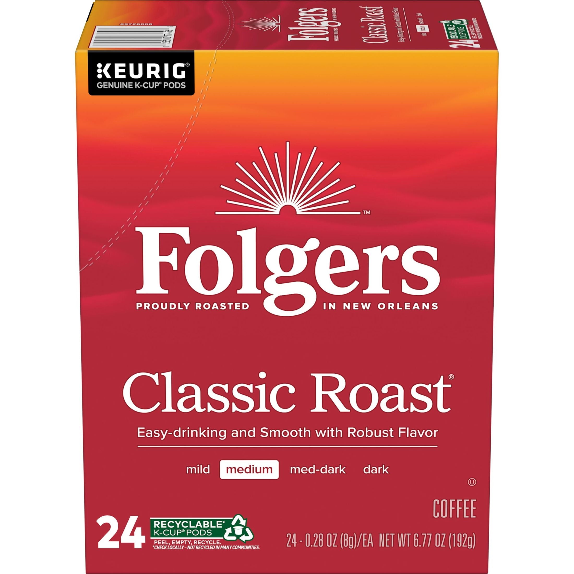 Folgers Classic Roast - Medium Roast Coffee, Keurig K Cup Pods, 24 Count Box - 4-Pack
