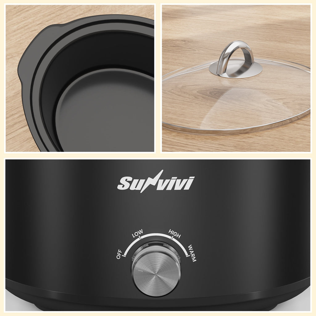 SUNVIVI Small Slow Cooker 4QT - Mini Food Warmer with 3 Heating Settings, Removable Ceramic Pot, Dishwasher Safe Glass Lid, Stainless Steel