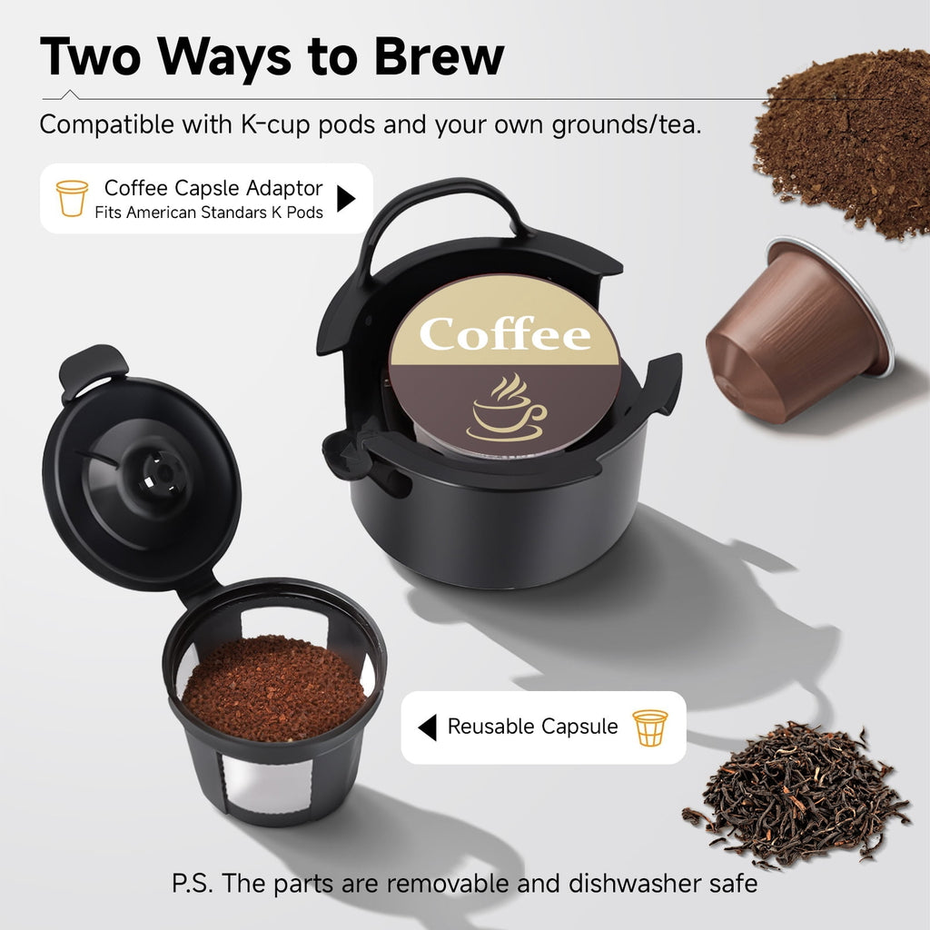 MINI Single Serve Coffee Maker - Instant Coffee Maker One Cup for K Cup & Ground Coffee, Portable Capsule Coffee Machine with 6 to 14oz Reservoir, 90 Seconds Fast Brewing and One Button Operation