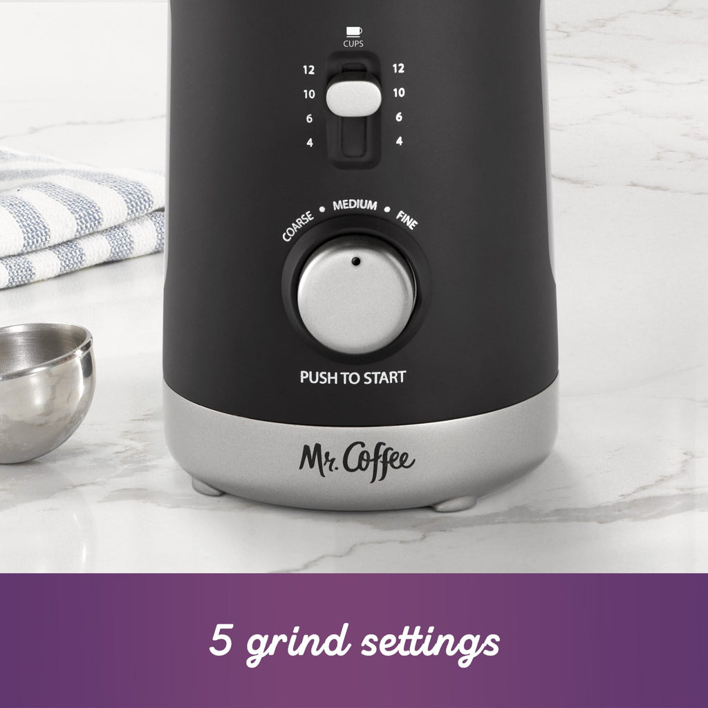 Mr. Coffee Multi-Grind 12 Cup Automatic Coffee Grinder - Chamber Cleaning System - 5 Grind Settings - Auto Shutoff