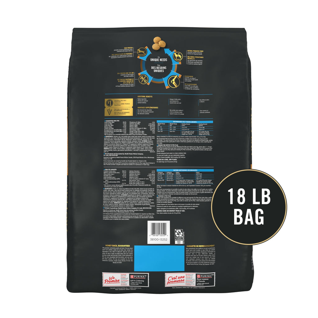 Purina Pro Plan Dry Dog Food for Large Adult Dogs High Protein - Real Chicken & Rice, 18 lb Bag