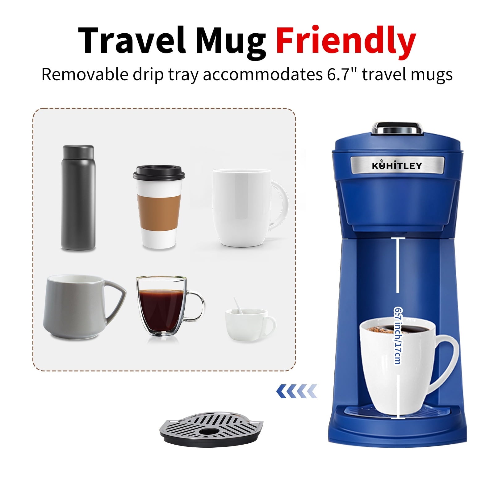 2 in 1 Single Serve Coffee Maker for K Cup Pods & Ground Coffee - Mini K Cup Coffee Machine with 6 to 14 oz Brew Sizes, Single Cup Coffee Brewer with One-Press Fast Brewing, Reusable Filters, Blue