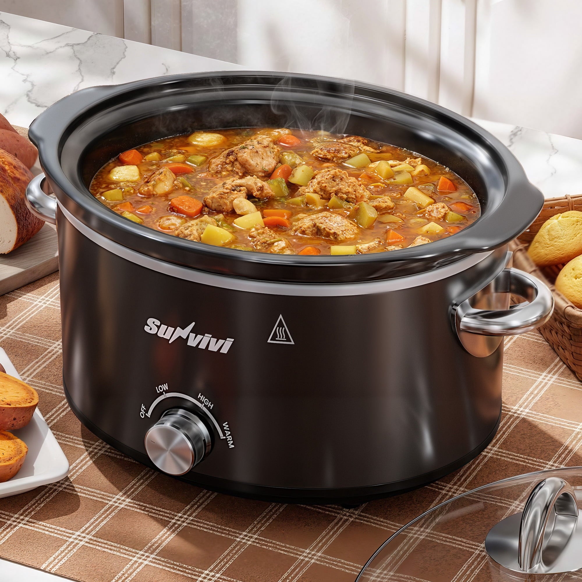 SUNVIVI Small Slow Cooker 4QT - Mini Food Warmer with 3 Heating Settings, Removable Ceramic Pot, Dishwasher Safe Glass Lid, Stainless Steel