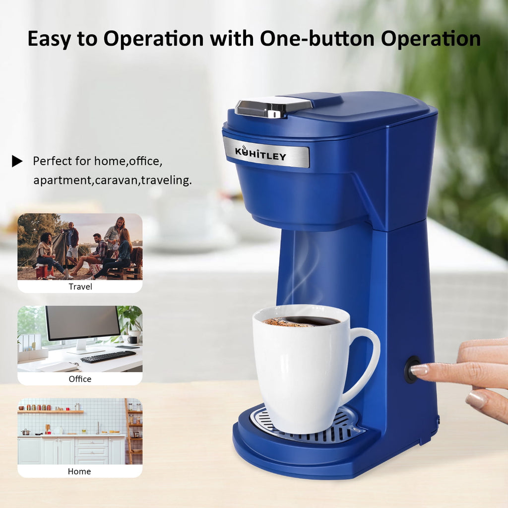 2 in 1 Single Serve Coffee Maker for K Cup Pods & Ground Coffee - Mini K Cup Coffee Machine with 6 to 14 oz Brew Sizes, Single Cup Coffee Brewer with One-Press Fast Brewing, Reusable Filters, Blue