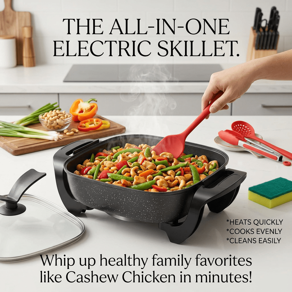 NKMY Kitchen Multi-Cooker: Non-stick - Adjustable Temp Electric Skillet. Fries, Stews, Steams. Fast Heat, Easy Clean. Ideal For Family Meals & Parties.