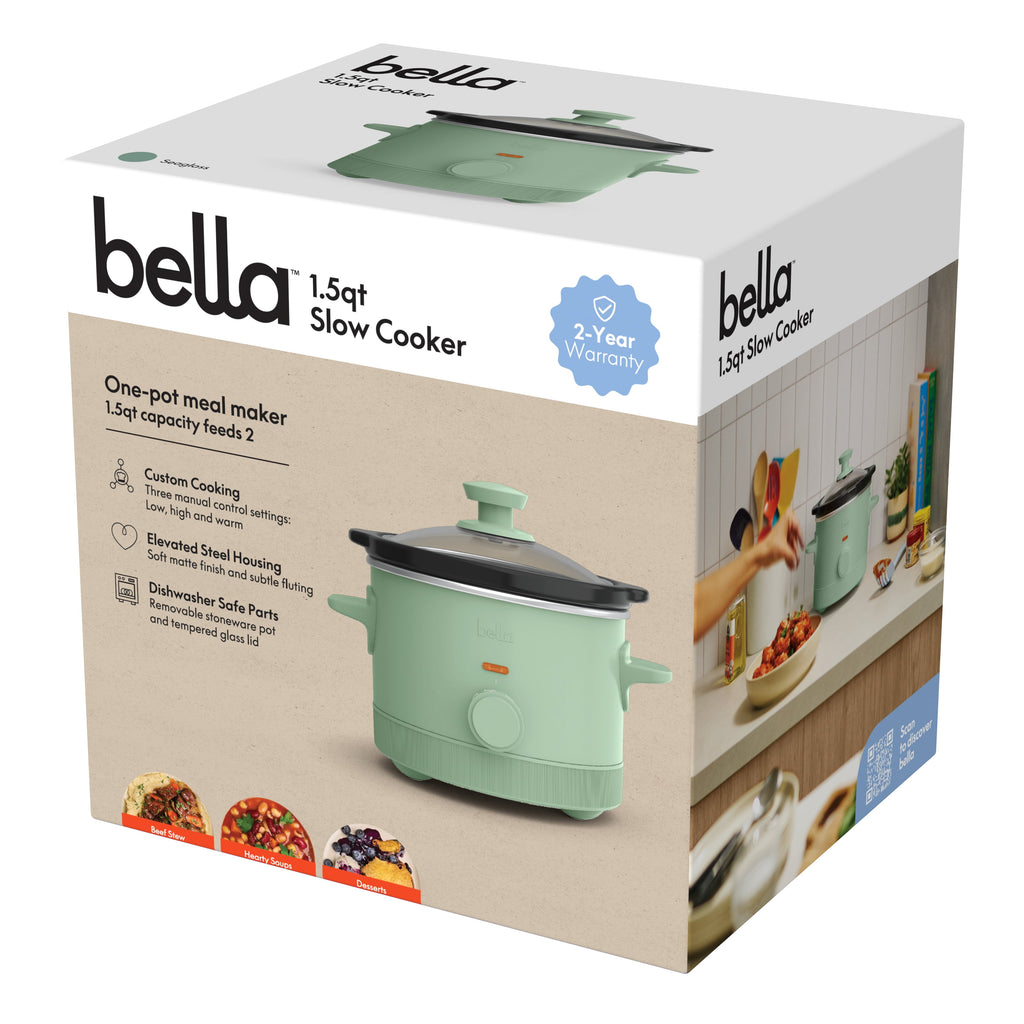 bella 1.5 Qt Manual Slow Cooker with 3 Heat Settings - Ceramic Nonstick Coating, Dishwasher Safe Pot & Tempered Glass Lid, Seaglass