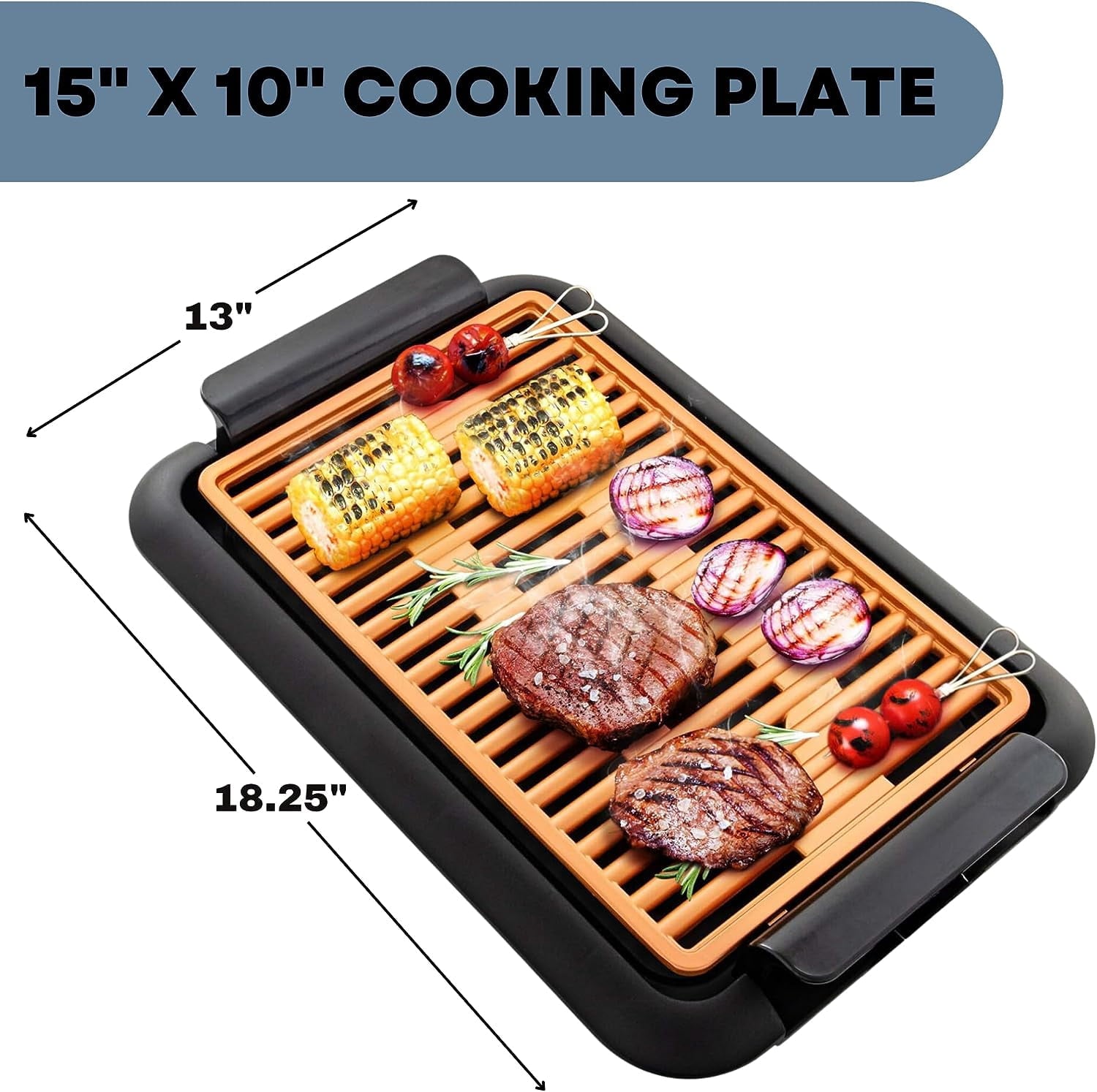 OVENTE Electric Indoor Grill - 15x10 Inch Non-Stick Plate, Copper GD1510NLCO - 1200W Fast Heat Up Power, Adjustable Temperature, Removable and Dishwasher Safe Grilling and Drip Tray