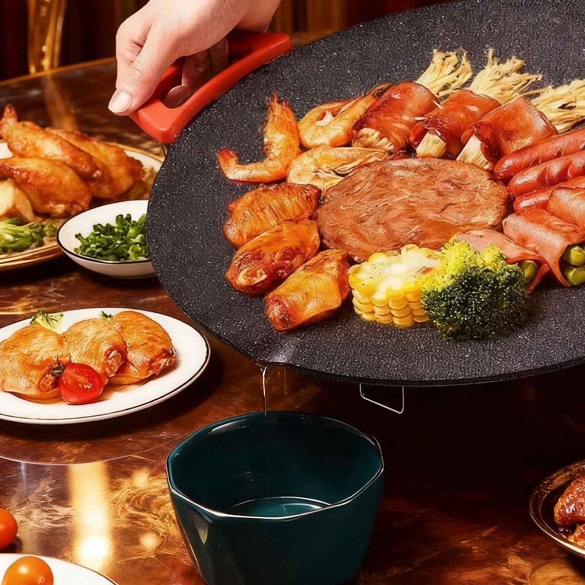 Electric Indoor Grill - 14 inch Nonstick Smokeless Round Griddle with Temperature Control for Kitchen BBQ Steak Pancakes