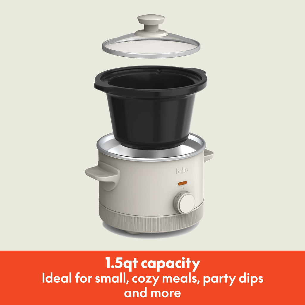 bella 1.5 Qt Manual Slow Cooker with 3 Heat Settings - Ceramic Nonstick Coating, Dishwasher Safe Pot & Tempered Glass Lid, Oatmilk