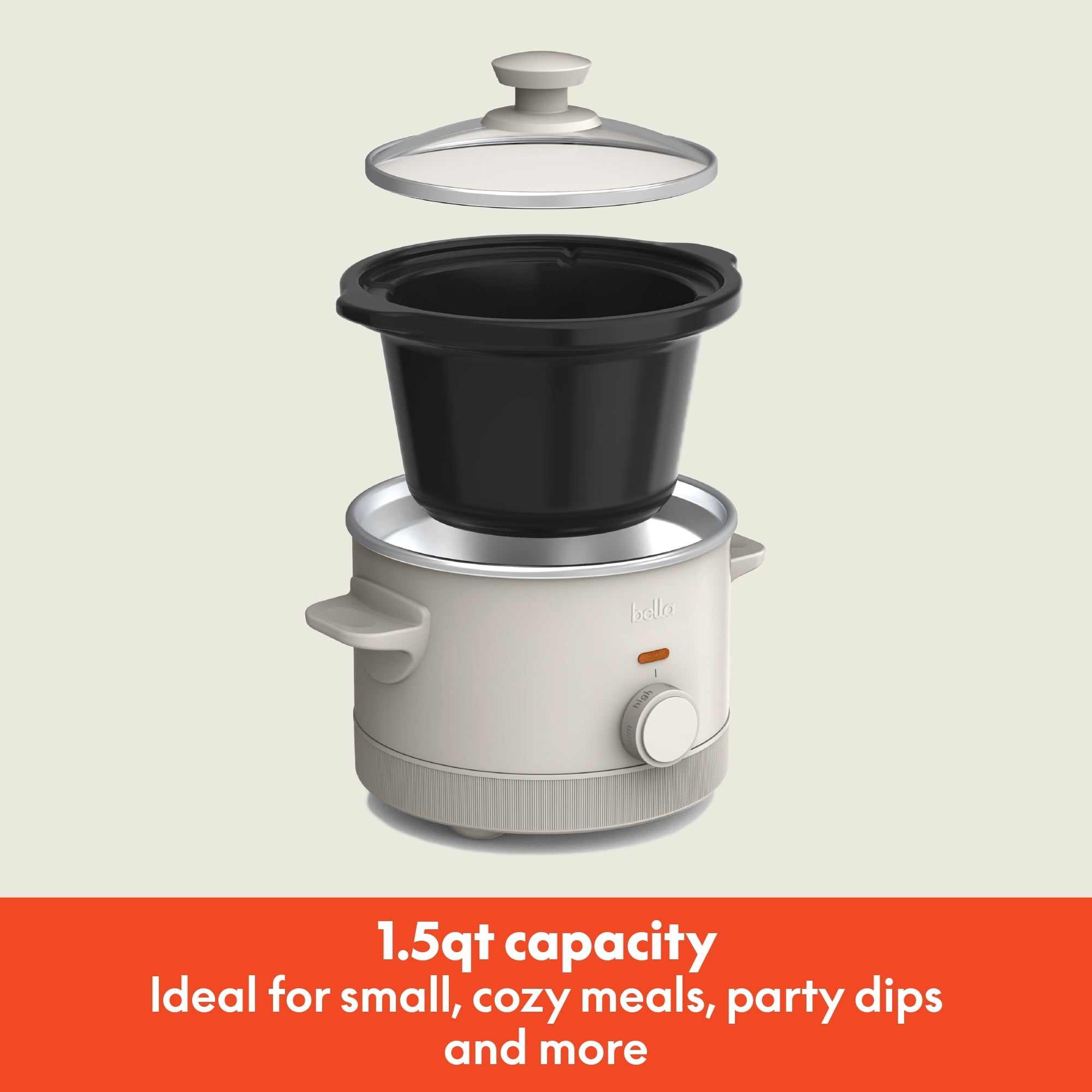 bella 1.5 Qt Manual Slow Cooker with 3 Heat Settings - Ceramic Nonstick Coating, Dishwasher Safe Pot & Tempered Glass Lid, Oatmilk