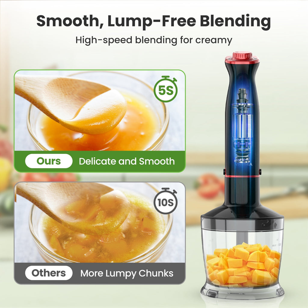 VAVSEA Immersion Blender - 1100W 5-in-1 Hand Blender, 24-Speed Stick Blender for Small Kitchen, Splash-Resistant Handheld Blender Mixer with Turbo Mode for Smoothies, Baby Food, Black