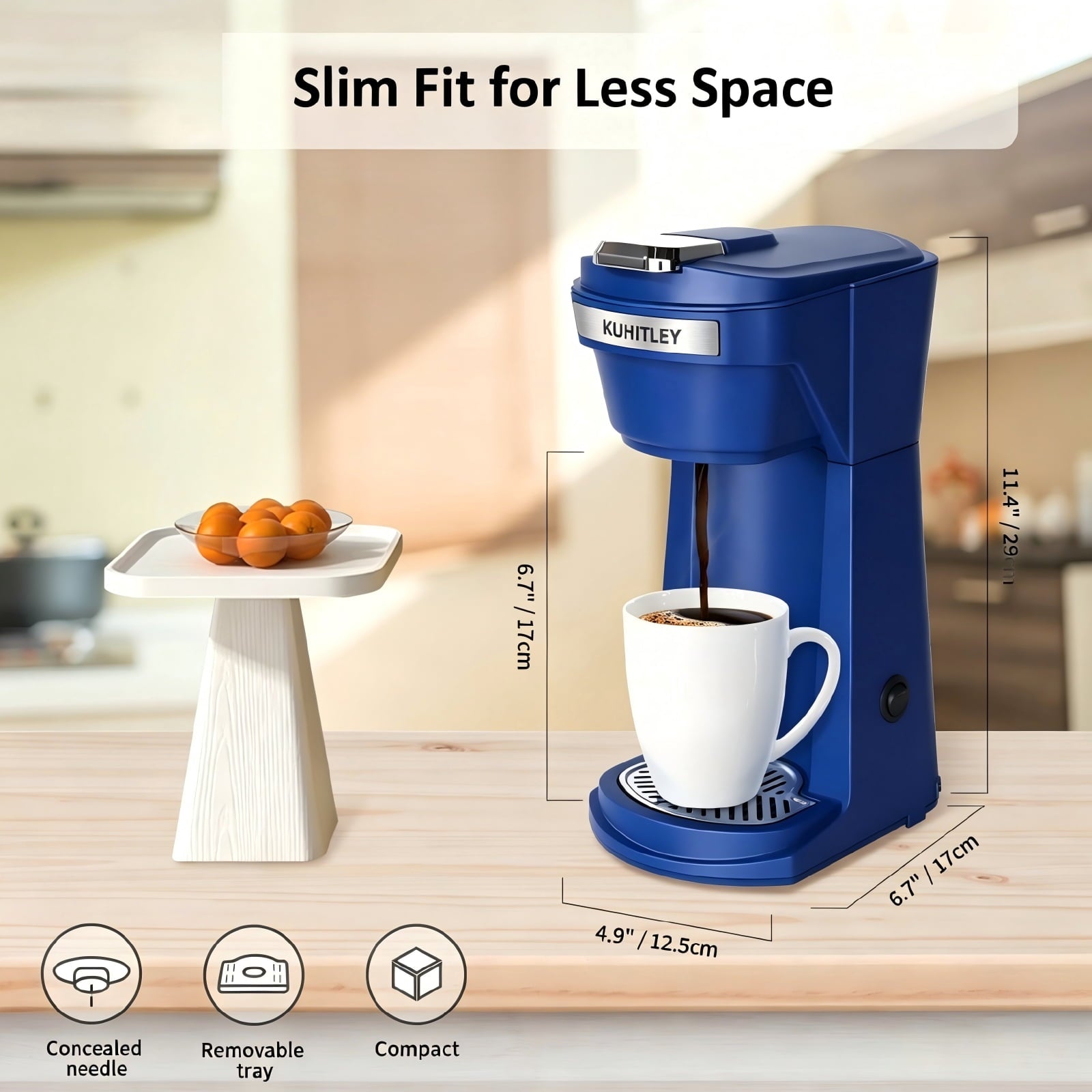 2 in 1 Single Serve Coffee Maker for K Cup Pods & Ground Coffee - Mini K Cup Coffee Machine with 6 to 14 oz Brew Sizes, Single Cup Coffee Brewer with One-Press Fast Brewing, Reusable Filters, Blue