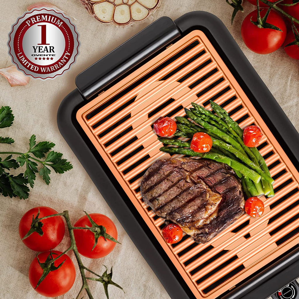 OVENTE Electric Indoor Grill - 15x10 Inch Non-Stick Plate, Copper GD1510NLCO - 1200W Fast Heat Up Power, Adjustable Temperature, Removable and Dishwasher Safe Grilling and Drip Tray