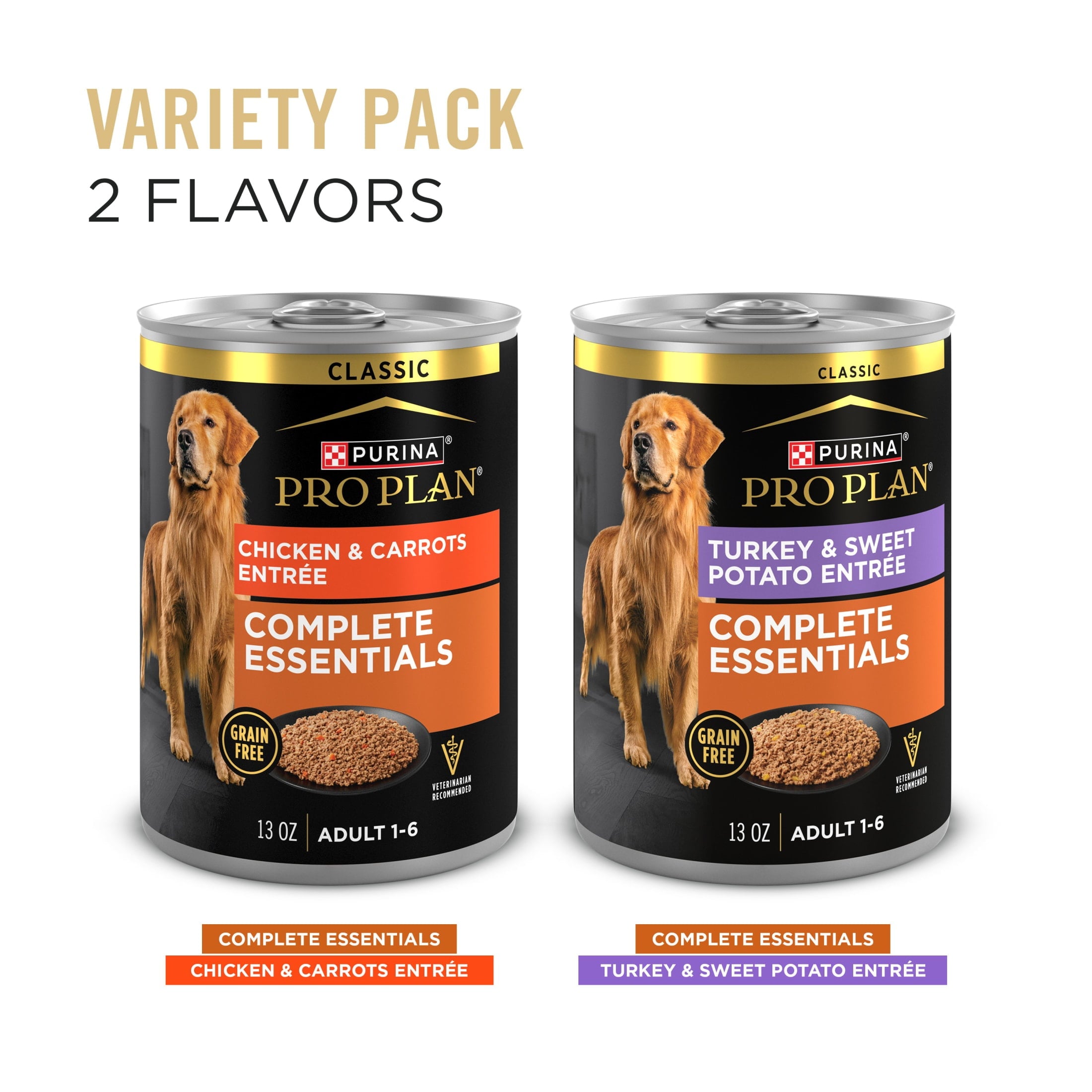 Purina Pro Plan Wet Grain Free Wet Dog Food Complete Essentials Variety Pack - Chicken and Carrots and Turkey and Sweet Potato Entrees, 13 oz Cans (12 Pack)