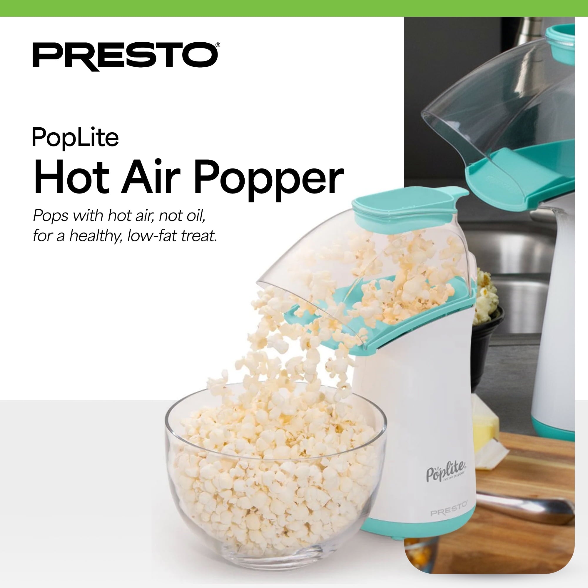 Presto 04869 PopLite Hot Air Popper Popcorn Maker for Home Kitchen - 18 Cups, Aqua/White