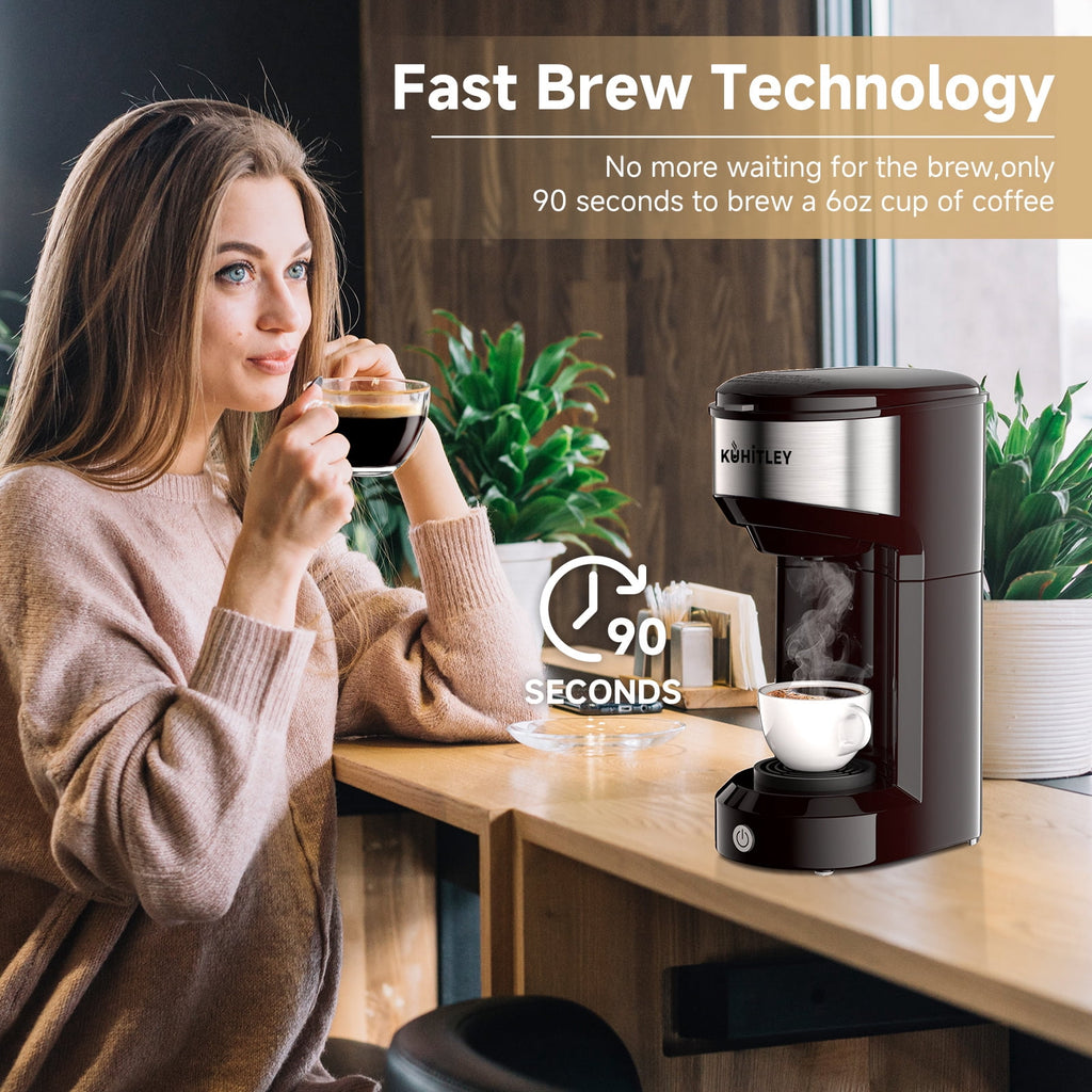 MINI Single Serve Coffee Maker - Instant Coffee Maker One Cup for K Cup & Ground Coffee, Portable Capsule Coffee Machine with 6 to 14oz Reservoir, 90 Seconds Fast Brewing and One Button Operation