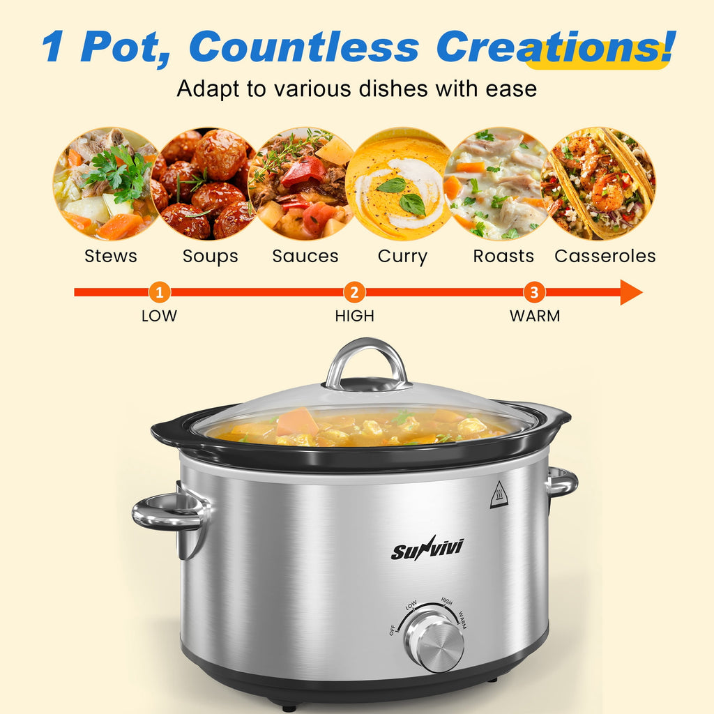 SUNVIVI Small Slow Cooker 4QT - Mini Food Warmer with 3 Heating Settings, Removable Ceramic Pot, Dishwasher Safe Glass Lid, Stainless Steel