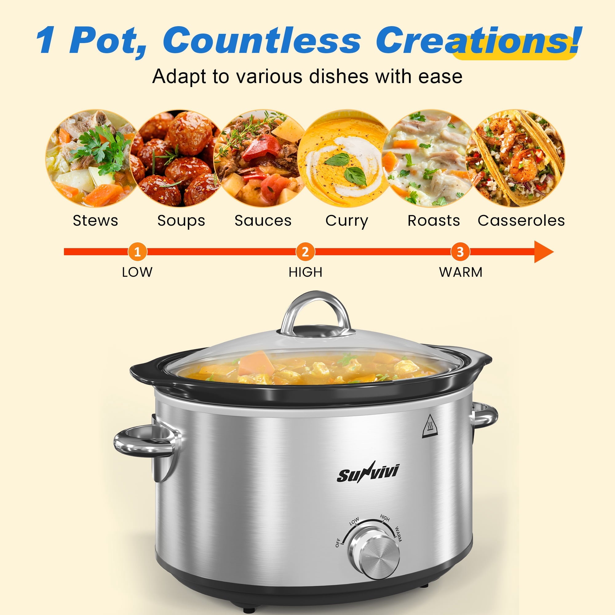 SUNVIVI Small Slow Cooker 4QT - Mini Food Warmer with 3 Heating Settings, Removable Ceramic Pot, Dishwasher Safe Glass Lid, Stainless Steel