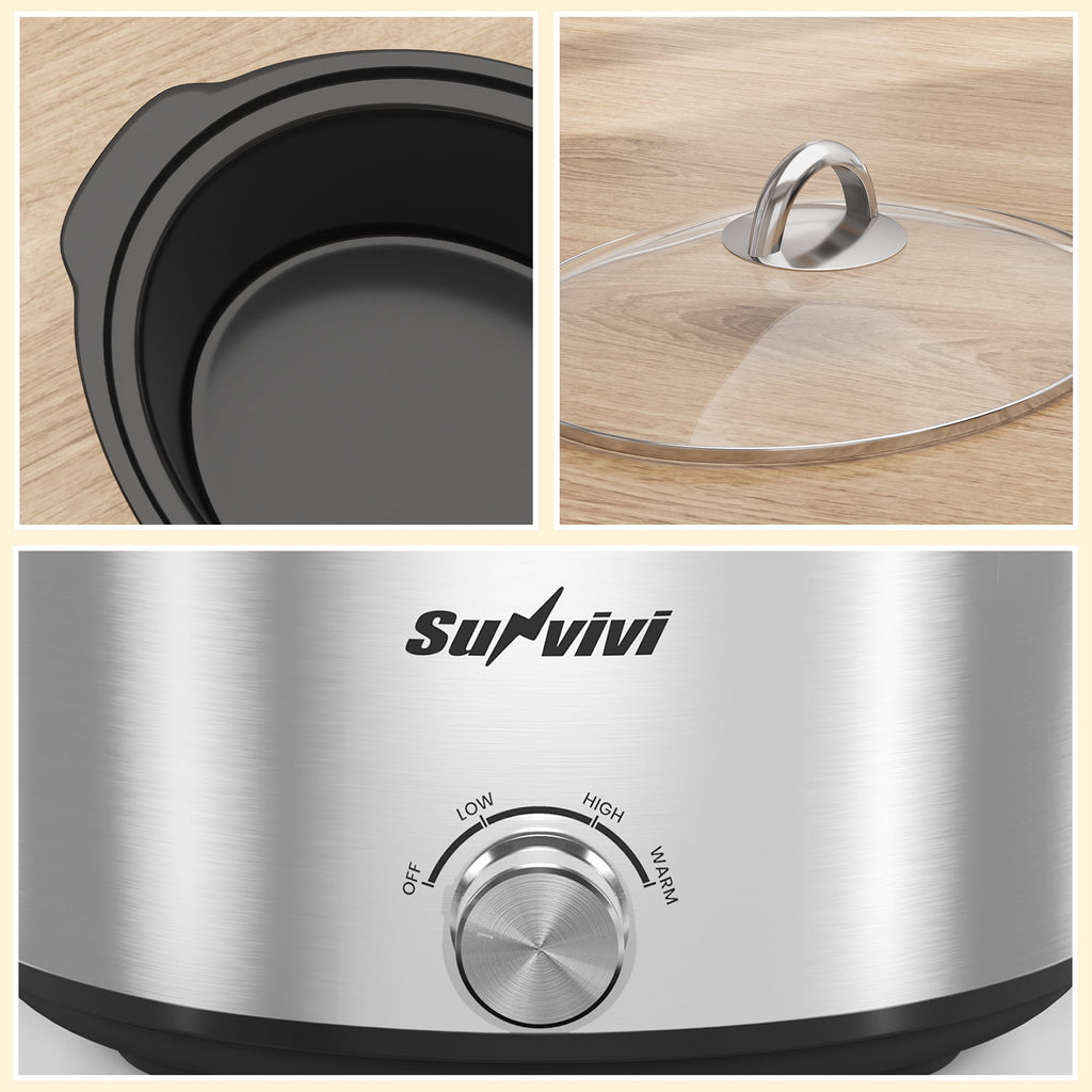 SUNVIVI Small Slow Cooker 4QT - Mini Food Warmer with 3 Heating Settings, Removable Ceramic Pot, Dishwasher Safe Glass Lid, Stainless Steel