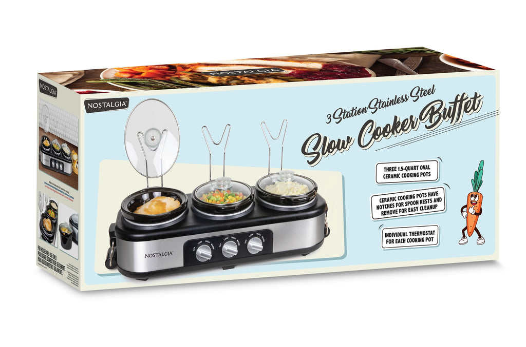 Nostalgia 1.5 qt Triple Slow Cooker - 3 Crock Pot Buffet Server with Removable Ceramic Pots, Stainless Steel