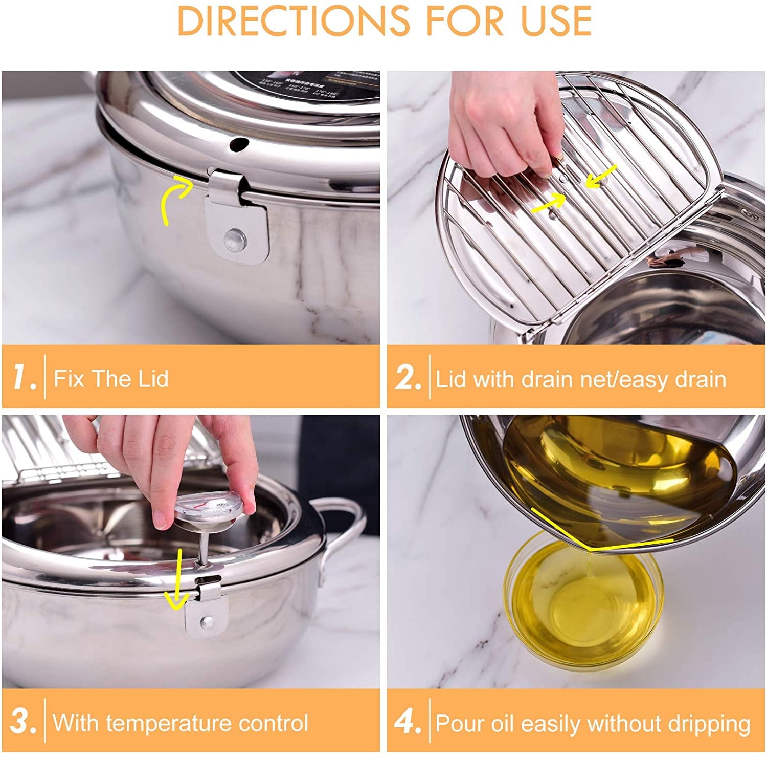 ZLF Deep Fryer Pot - 304 Stainless Steel Frying Pot with Oil Drain, Temperature Control and Lid, Tempura Deep Fryer Pot for Kitchen Stove/Induction Cooker French Fries Fryer 9.4"