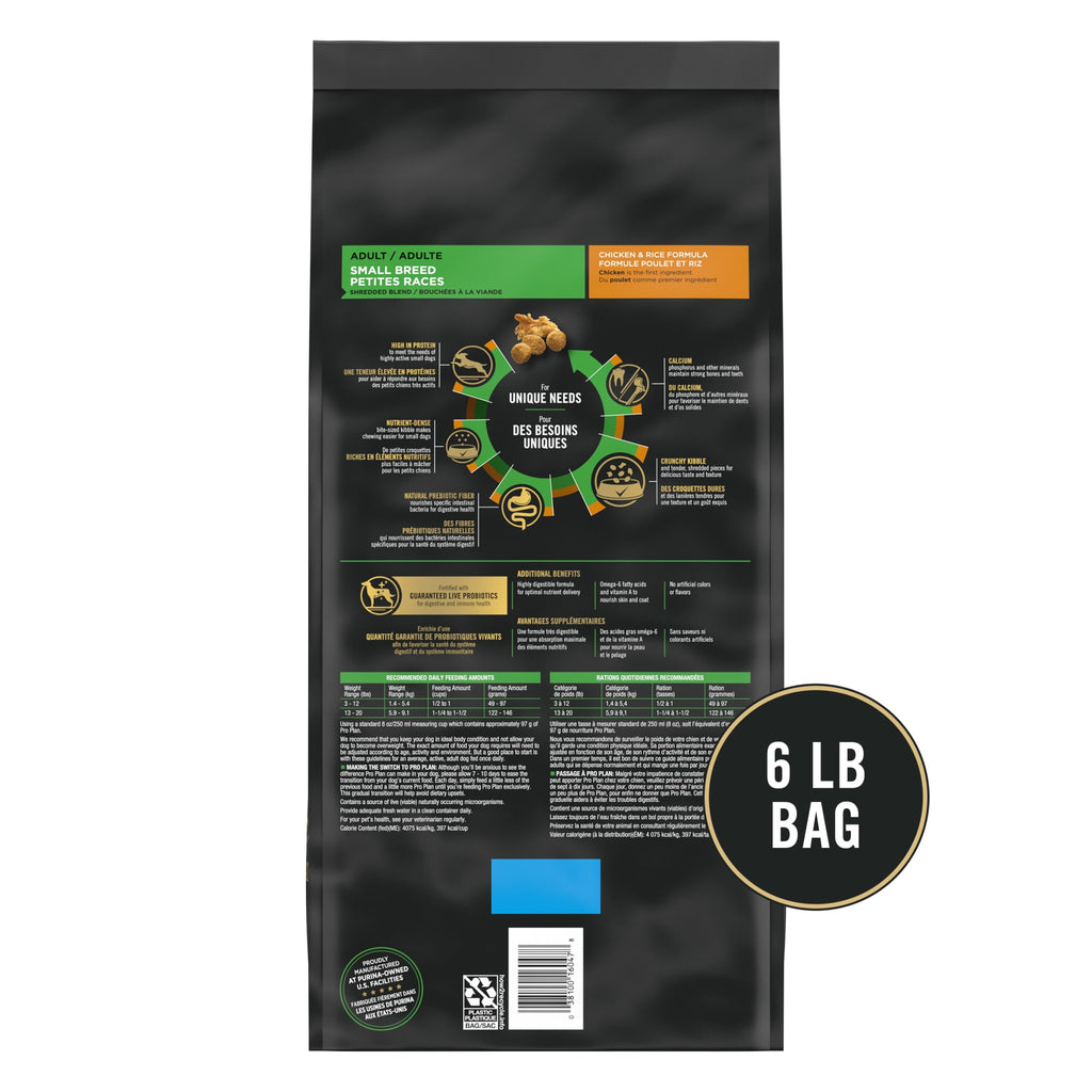 Purina Pro Plan Small Breed Dog Food With Probiotics for Dogs - Shredded Blend Chicken & Rice Formula, 6 lb. Bag