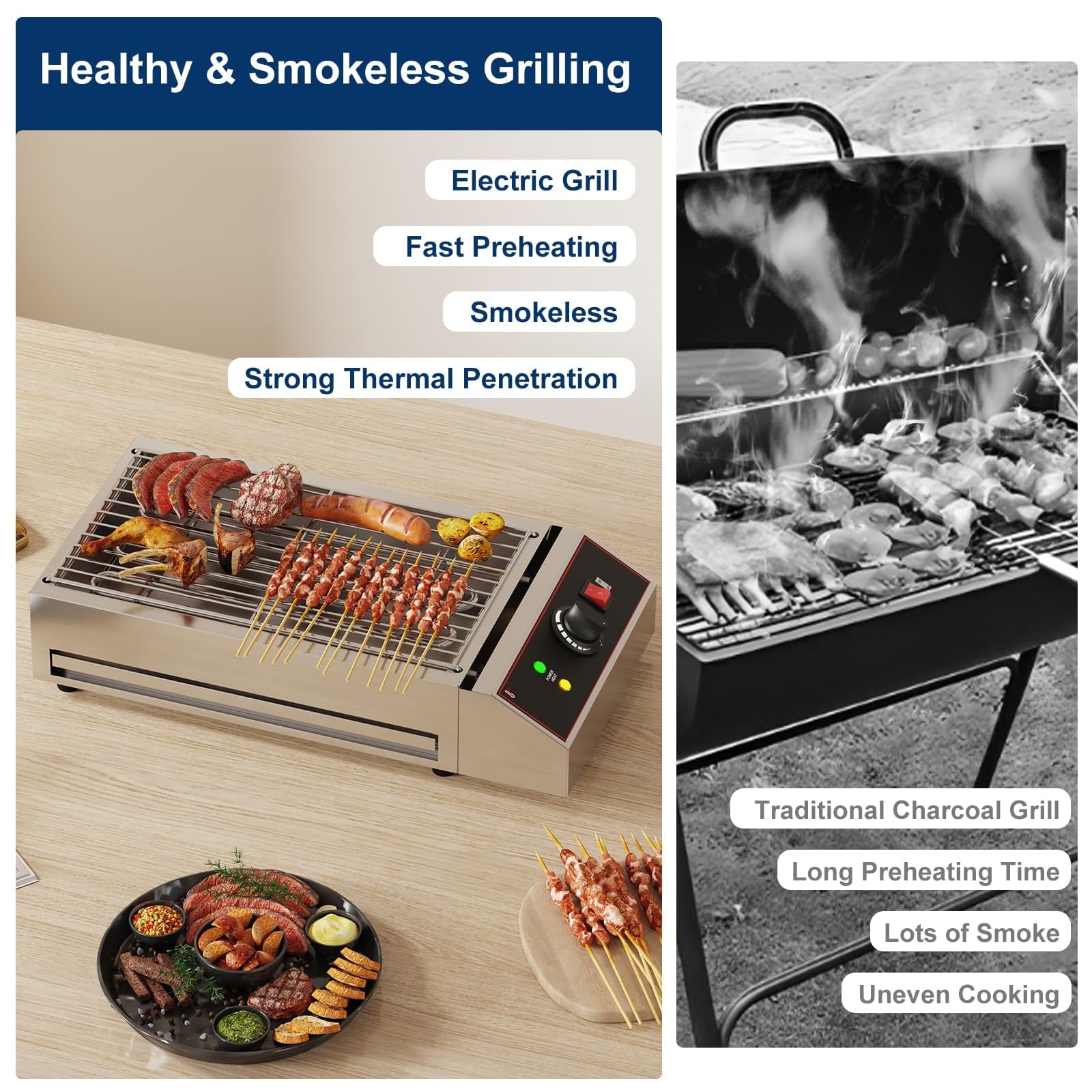 1800W Electric Indoor Grill - Portable Smokeless BBQ Countertop Grill with Removable Griddle - Stainless Steel for Home, Camping, Parties & Picnics