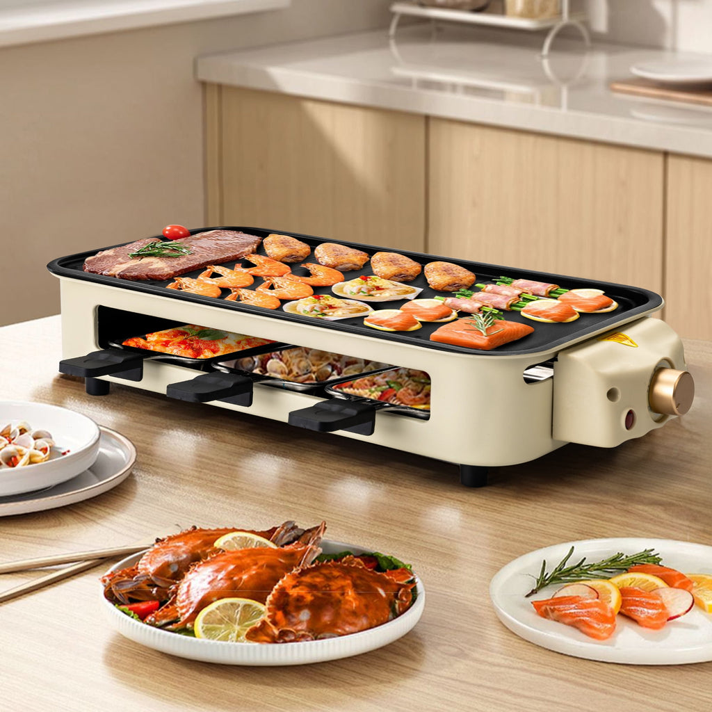 SUSLAS Electric Indoor Grill & Griddle - 1500W Smokeless Design with 3 Removable Nonstick Plates, Dishwasher Safe, Adjustable Temperature Control for Indoor Cooking(beige)