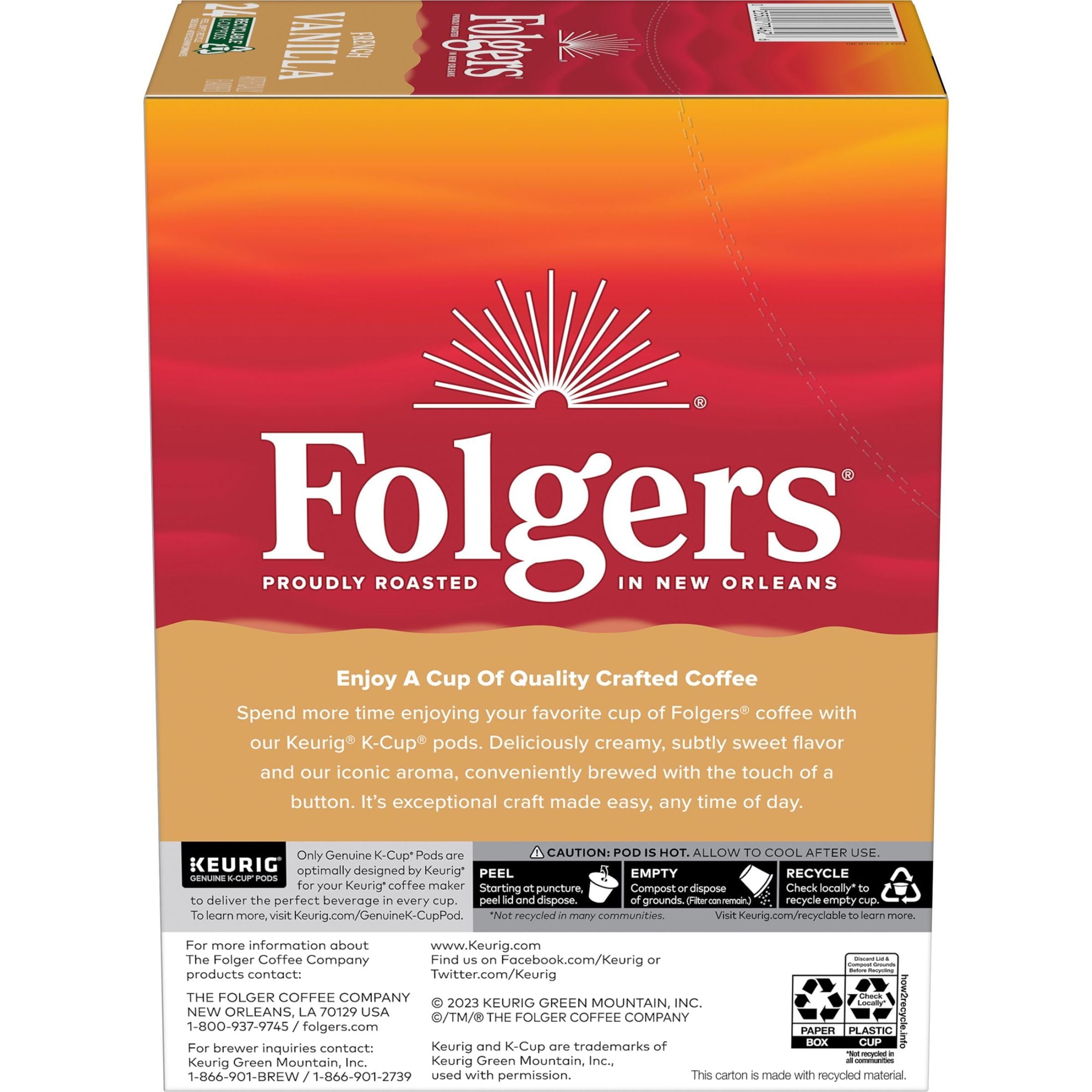 Folgers French Vanilla Artificially Flavored Coffee - Mild Roast, Keurig K Cup Pods, 24 Count Box