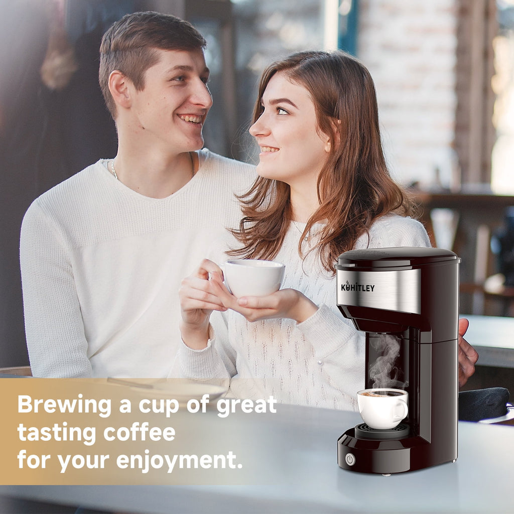 MINI Single Serve Coffee Maker - Instant Coffee Maker One Cup for K Cup & Ground Coffee, Portable Capsule Coffee Machine with 6 to 14oz Reservoir, 90 Seconds Fast Brewing and One Button Operation