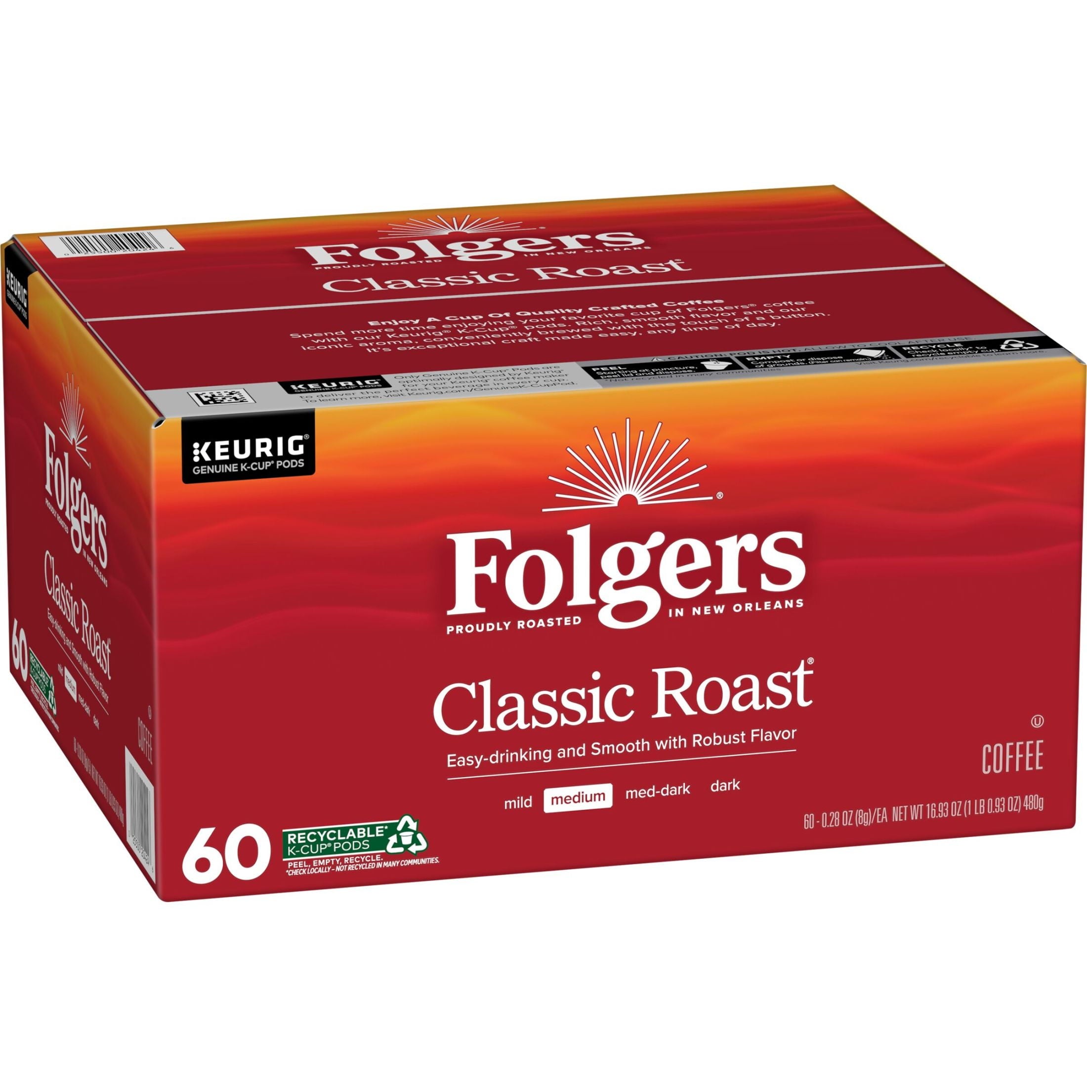 Folgers Classic Roast - Medium Roast Coffee, Keurig K Cup Pods, 60 Count Box