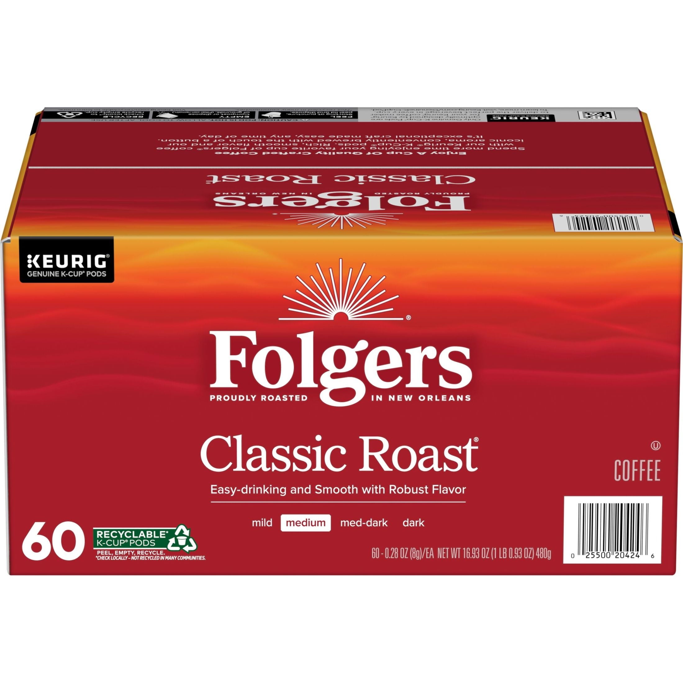 Folgers Classic Roast - Medium Roast Coffee, Keurig K Cup Pods, 60 Count Box