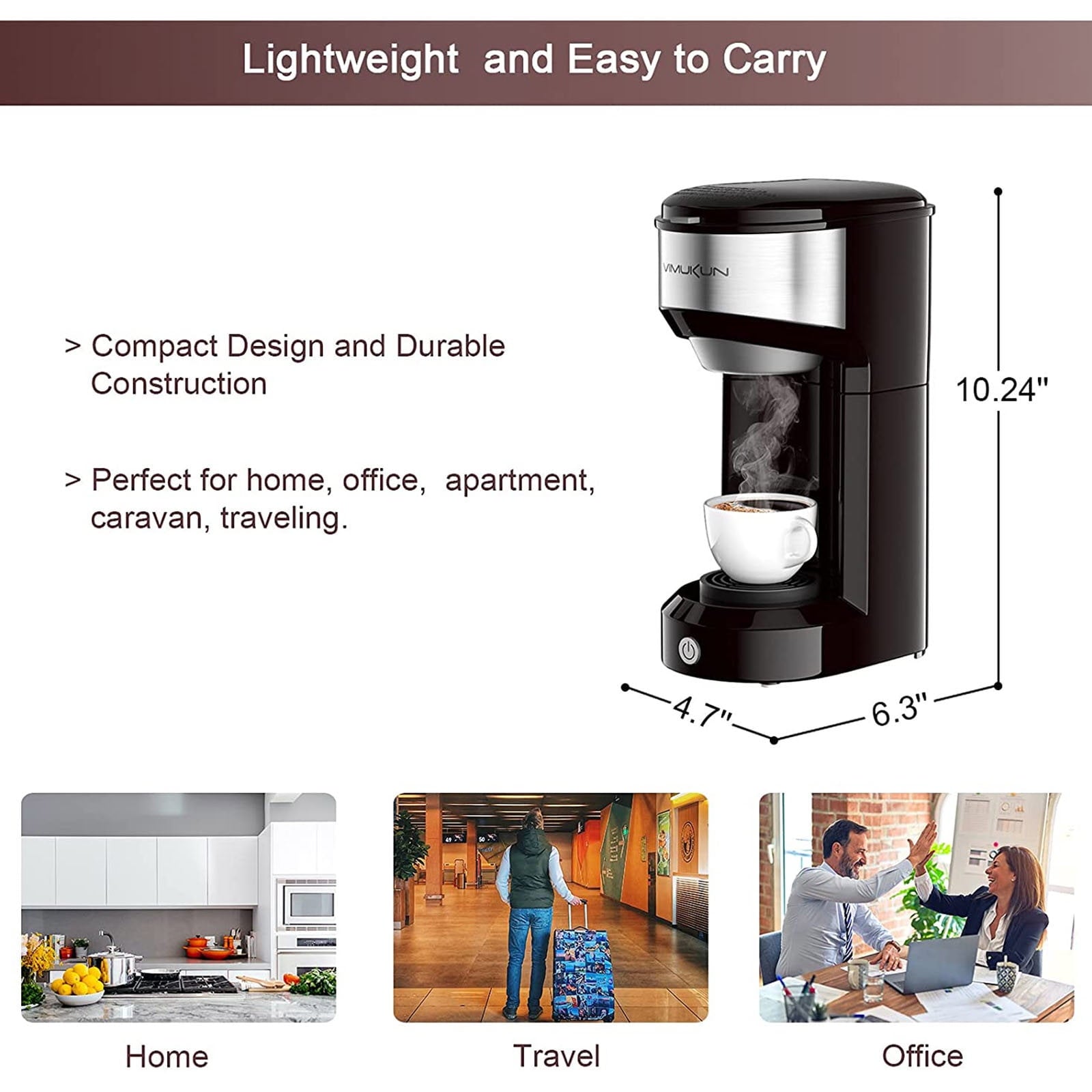 Coffee Maker - Single Serve Coffee Maker Machine 6 to 14 oz With Permanent Filter, Compatible with K Cup Pod & Ground Coffee, Mini Size Black