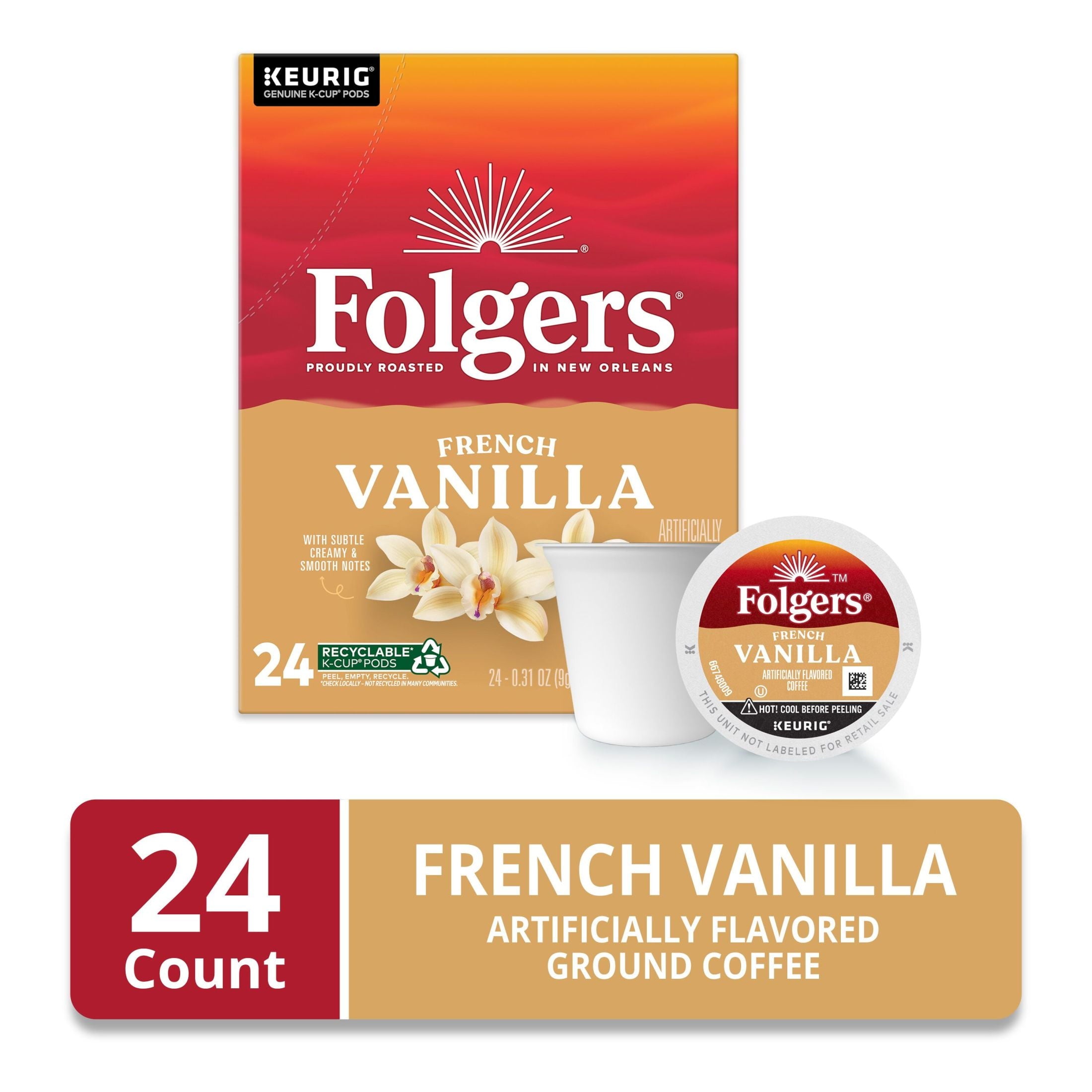 Folgers French Vanilla Artificially Flavored Coffee - Mild Roast, Keurig K Cup Pods, 24 Count Box