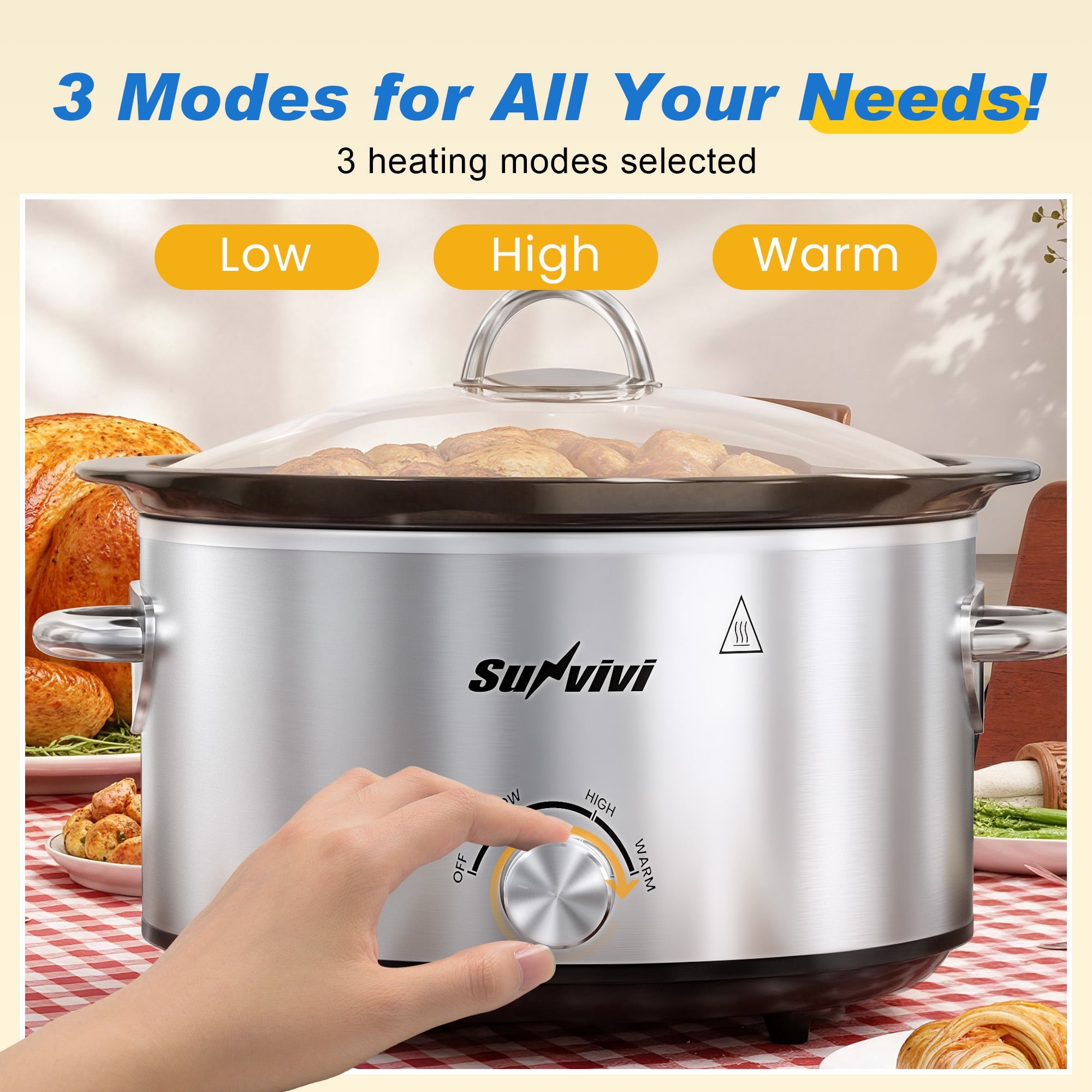 SUNVIVI Small Slow Cooker 4QT - Mini Food Warmer with 3 Heating Settings, Removable Ceramic Pot, Dishwasher Safe Glass Lid, Stainless Steel