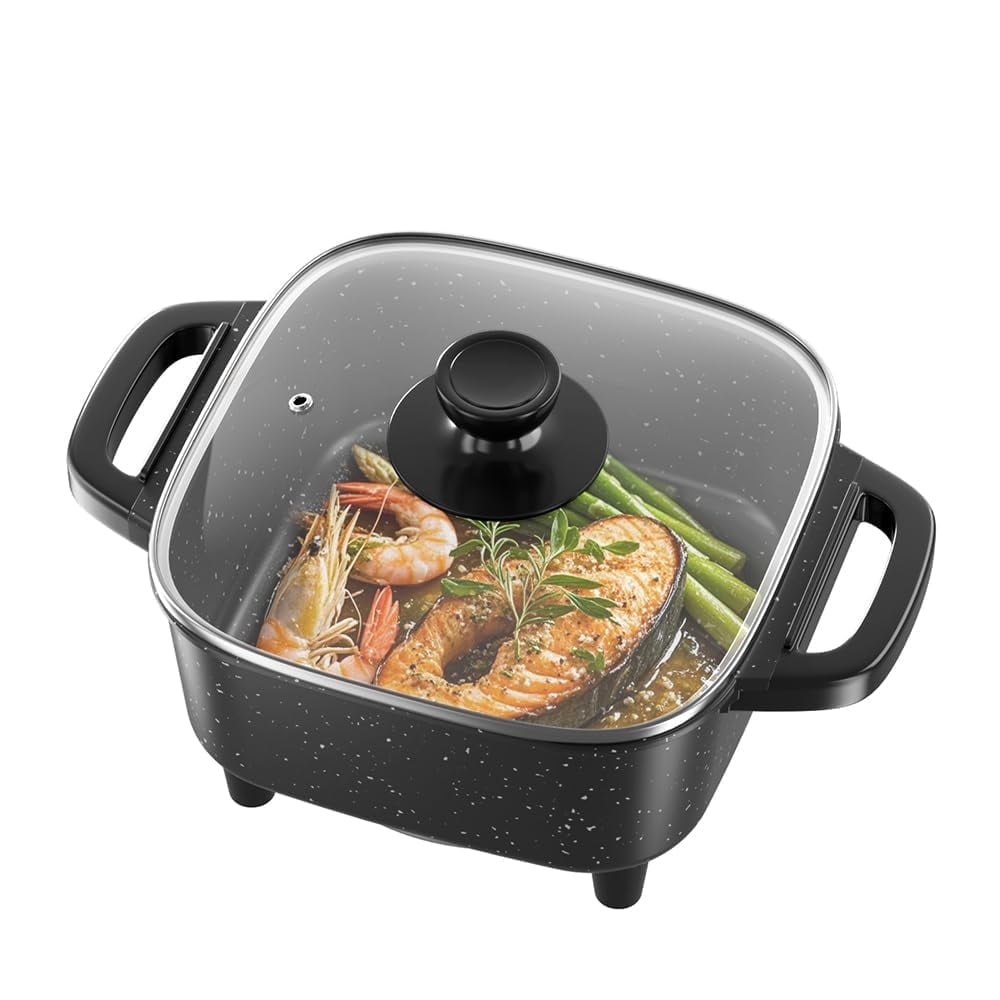 AORAN KITCHEN Electric Frying Pan with Lid - Multifunctional Skillet for Frying, Grilling, Boiling & Cooking, Nonstick, Compact, Easy-to-Clean, Adjustable Temp Control Black
