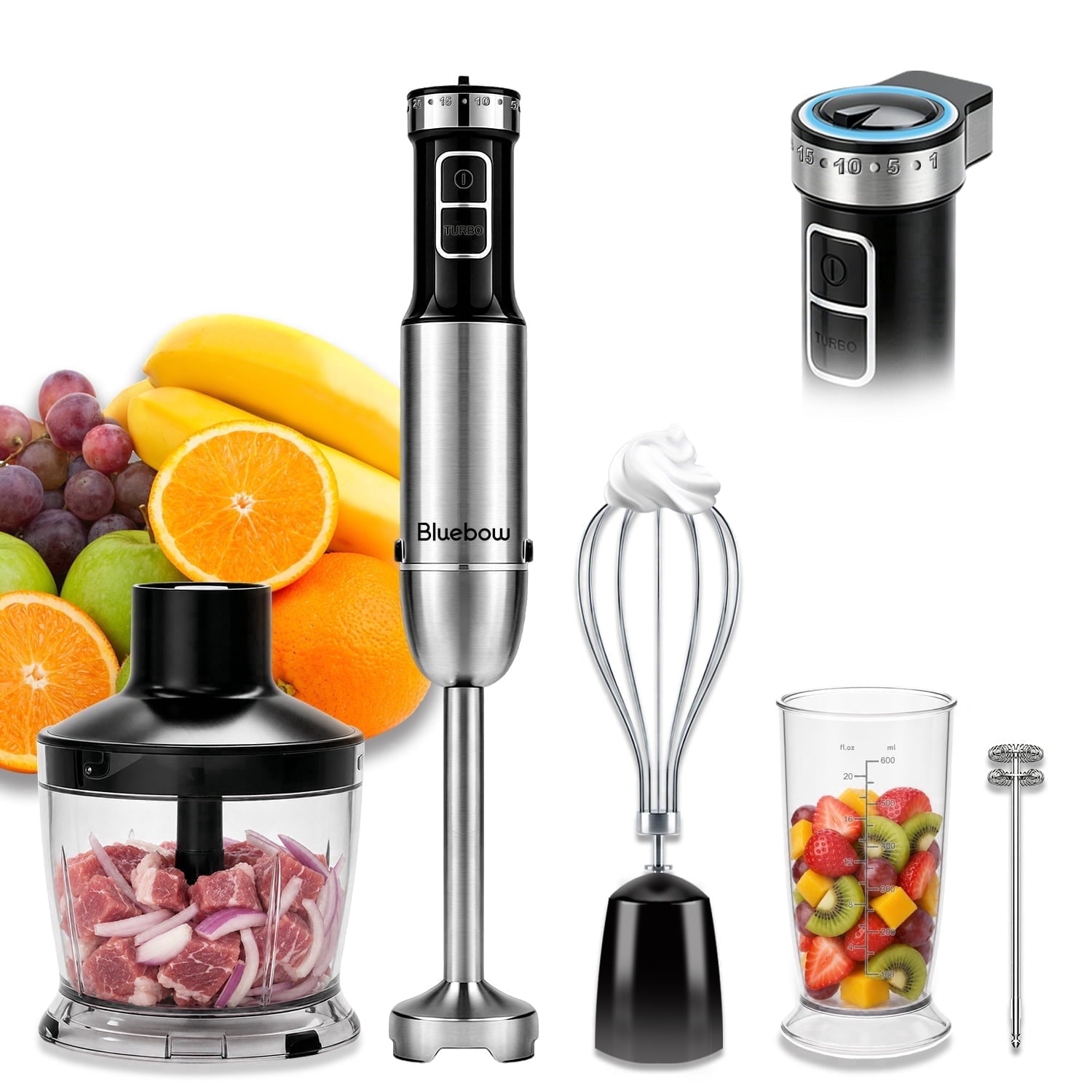 Bluebow Immersion Blender Handheld - 1100W 25 Speed 5-in-1 Stainless Steel Hand Blender with Turbo Mode, Scratch-Resistant Stick Blender for Kitchen Use, Purees Soups Smoothies, Black