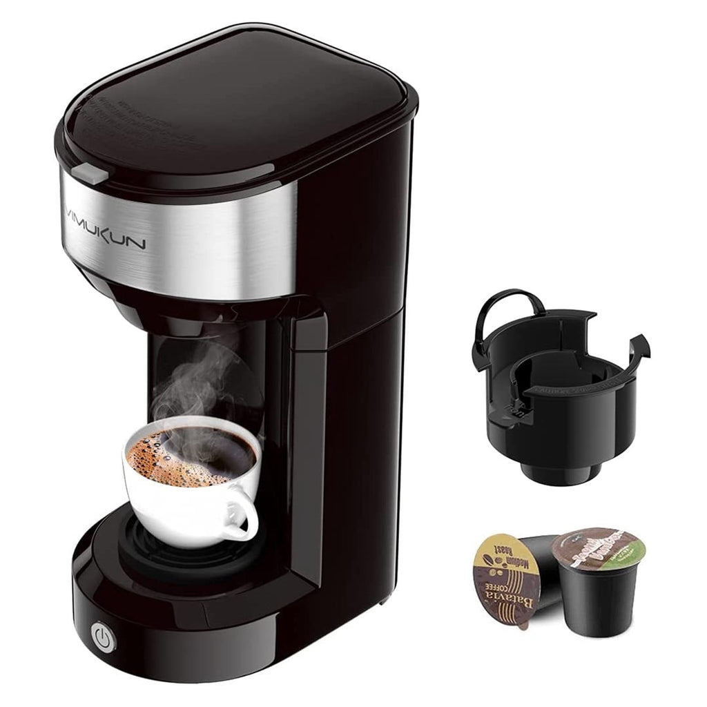Coffee Maker - Single Serve Coffee Maker Machine 6 to 14 oz With Permanent Filter, Compatible with K Cup Pod & Ground Coffee, Mini Size Black