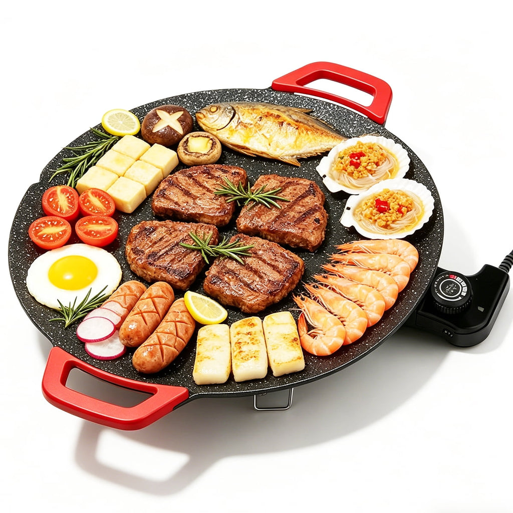 Electric Indoor Grill - 14 inch Nonstick Smokeless Round Griddle with Temperature Control for Kitchen BBQ Steak Pancakes