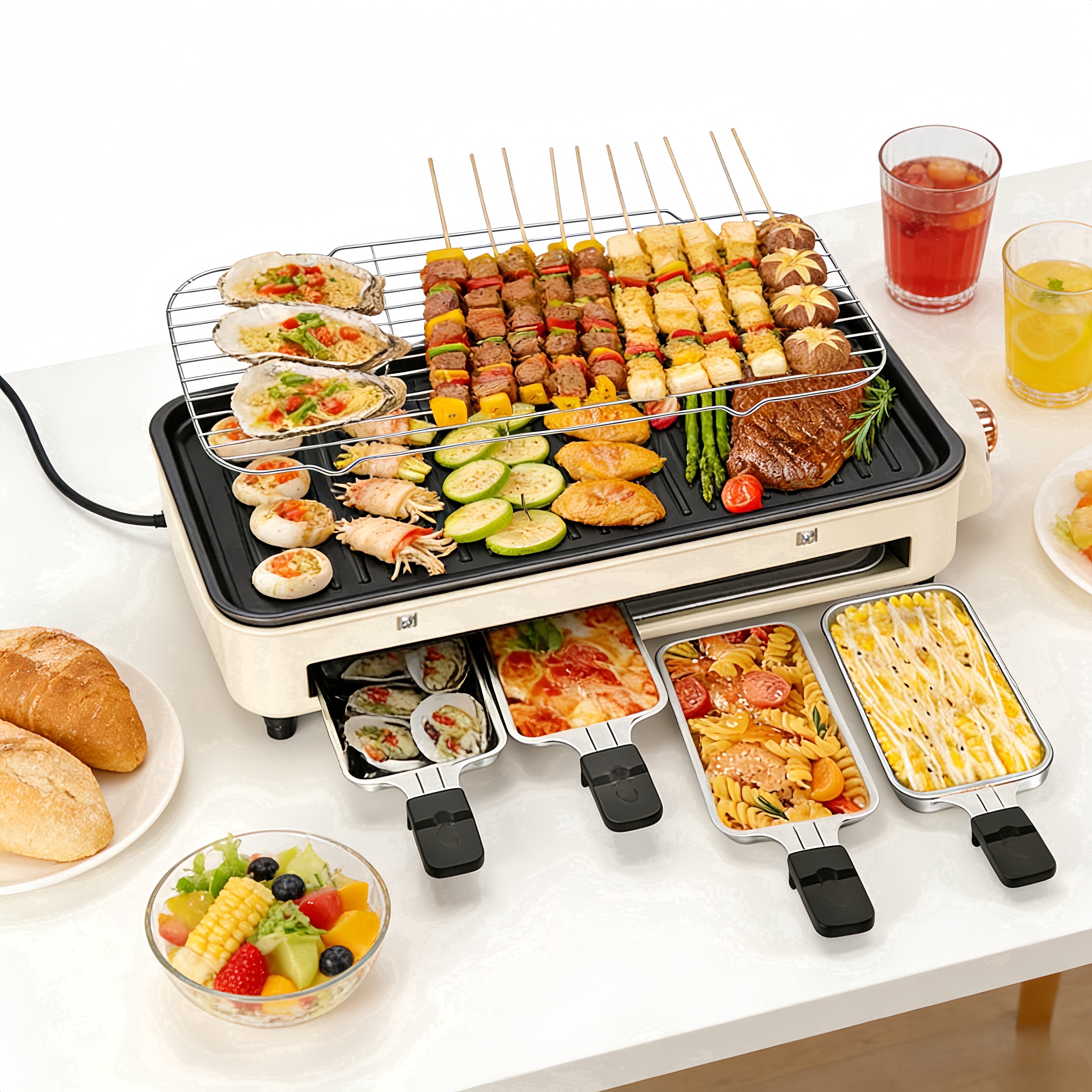 REDUSK Electric Indoor Grill 1500W - 3 in 1 Versatile Smokeless Indoor Grill for Home Cooking, Non-Stick Removable Grill & Griddle Plate, Temperature Control, White