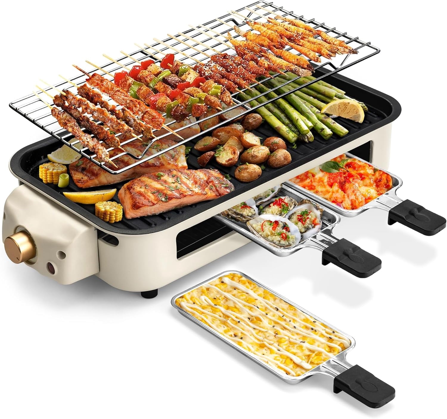 Electric Indoor Grill - 2 in 1 Indoor Grills for Kitchen with Grill Net & Non-Stick Cooking Removable Plate, Temperature Control, Dishwasher Safe, 1500W Smokeless barbecue