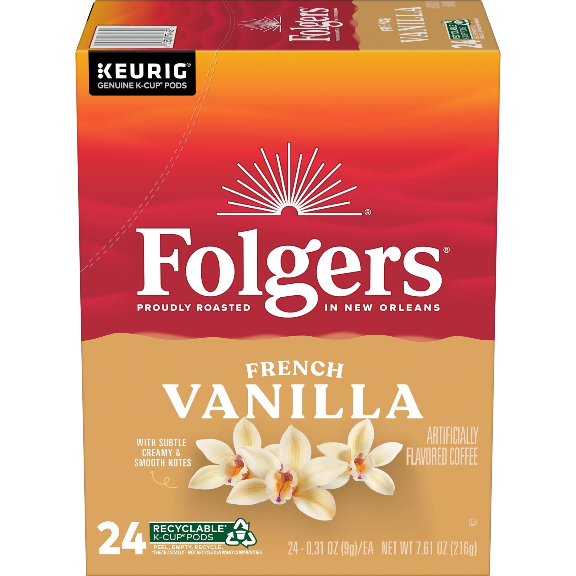 Folgers French Vanilla Artificially Flavored Coffee - Mild Roast, Keurig K Cup Pods, 24 Count Box
