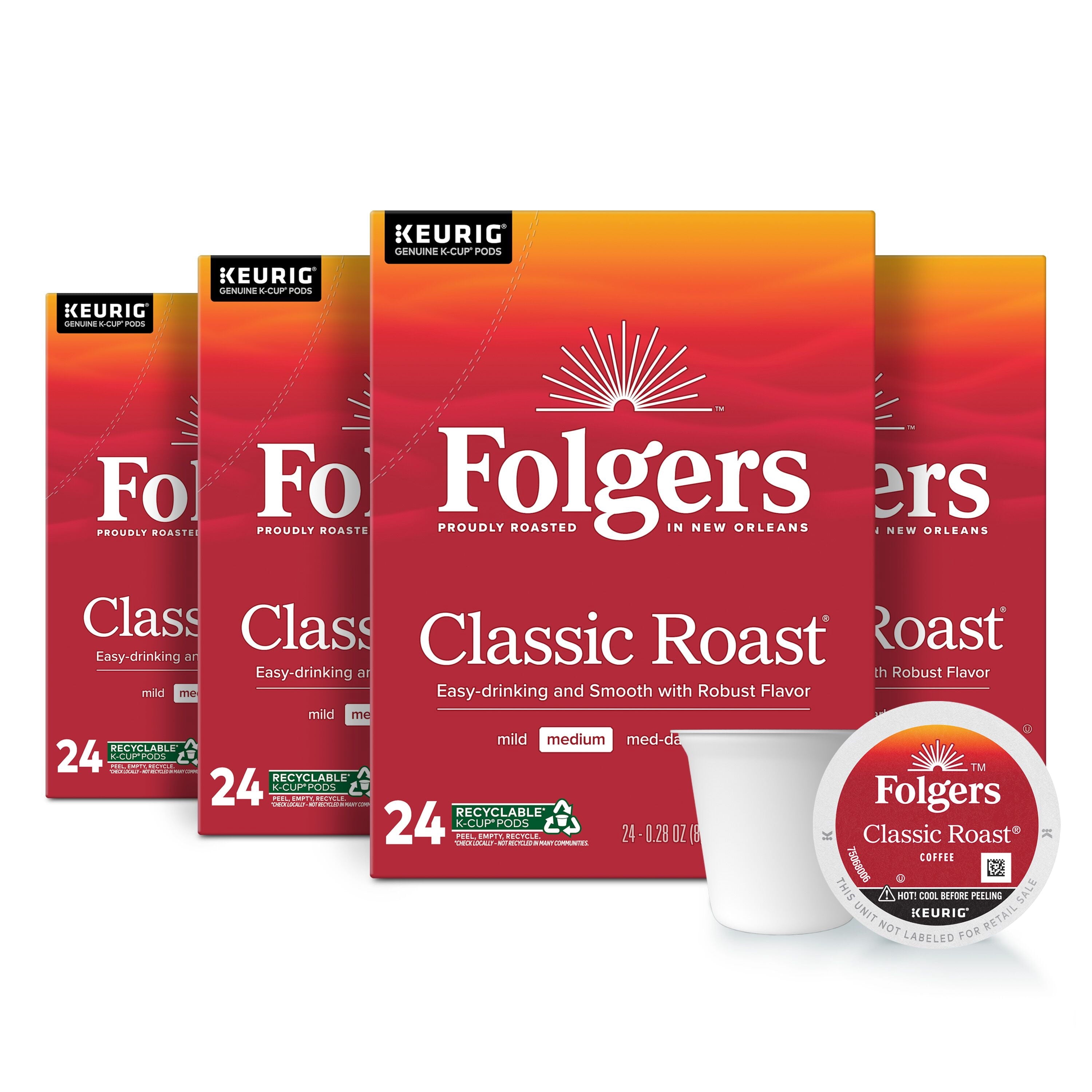 Folgers Classic Roast - Medium Roast Coffee, Keurig K Cup Pods, 24 Count Box - 4-Pack
