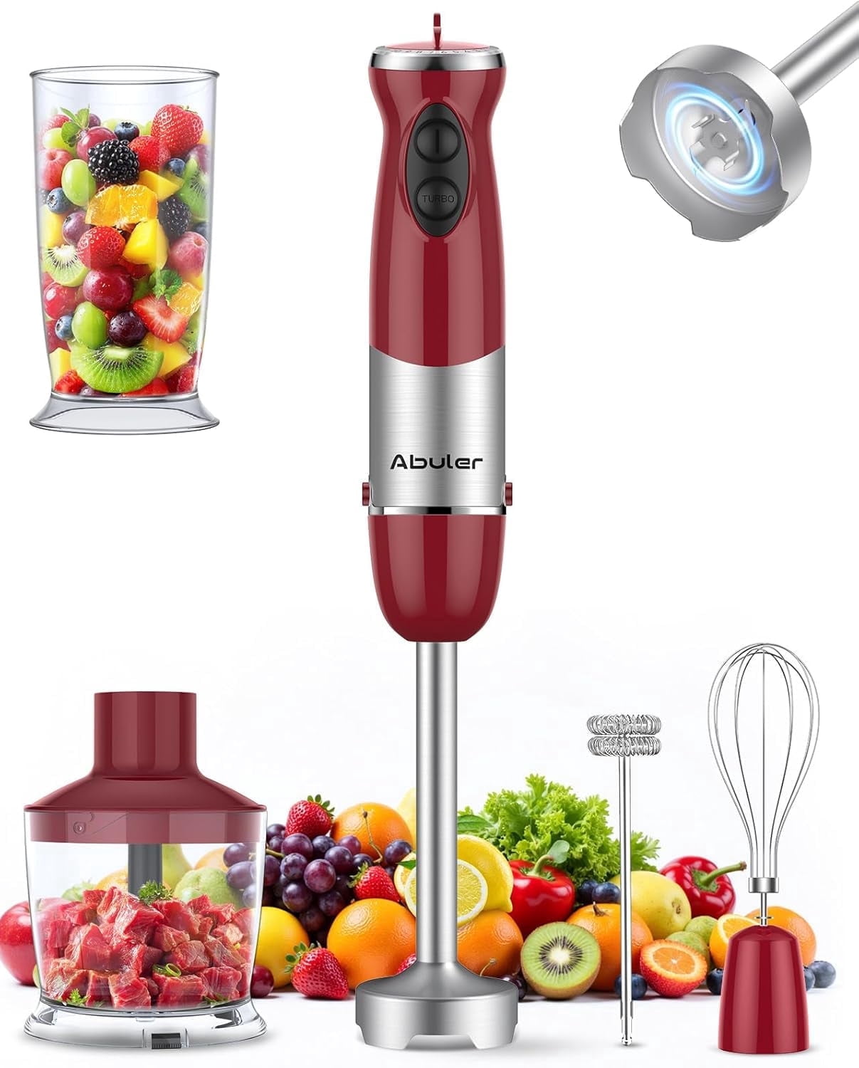 Immersion Blender Handheld 1000W 5 in 1 Corded Stick Hand Blender Kitchen with 12 Speed - BPA-Free, Mixing Beaker, Chopper, Whisk, Milk Frother, Perfect Emulsifier