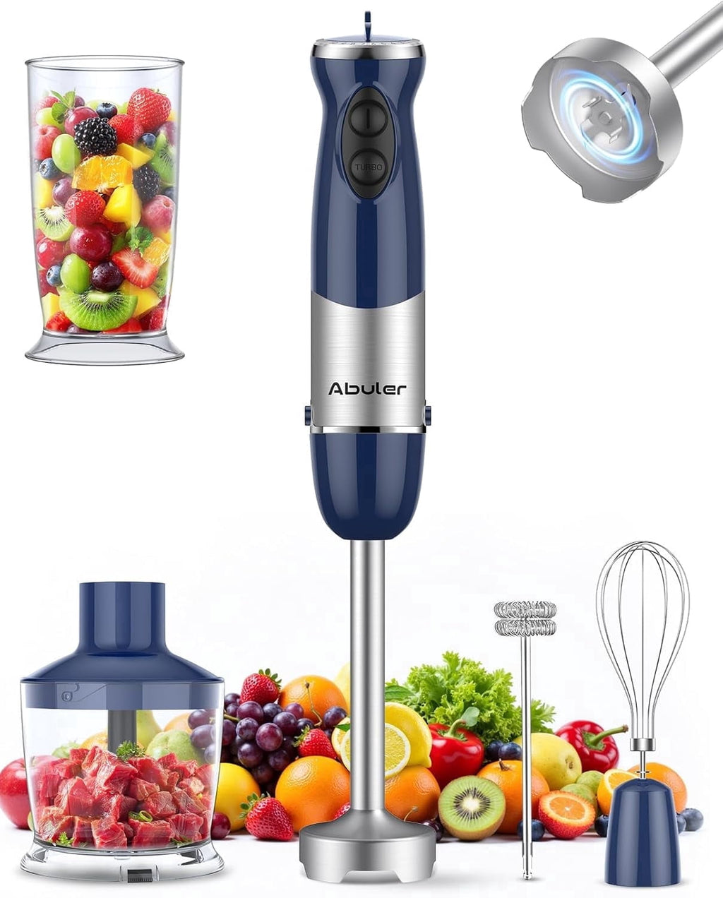 Immersion Blender Handheld 1000W 5 in 1 Corded Stick Hand Blender Kitchen with 12 Speed - BPA-Free, Mixing Beaker, Chopper, Whisk, Milk Frother, Perfect Emulsifier