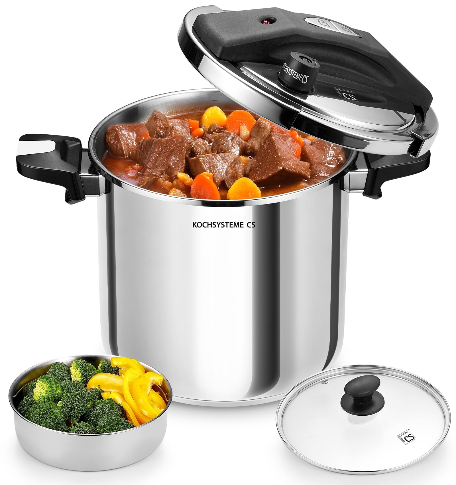Koch Systeme CS 8.5-Quart Stainless Steel Pressure Cooker - 3-in-1 Olla de Presion, One-Hand Locking, Induction Pressure Cooker, Glass Lid & Steamer