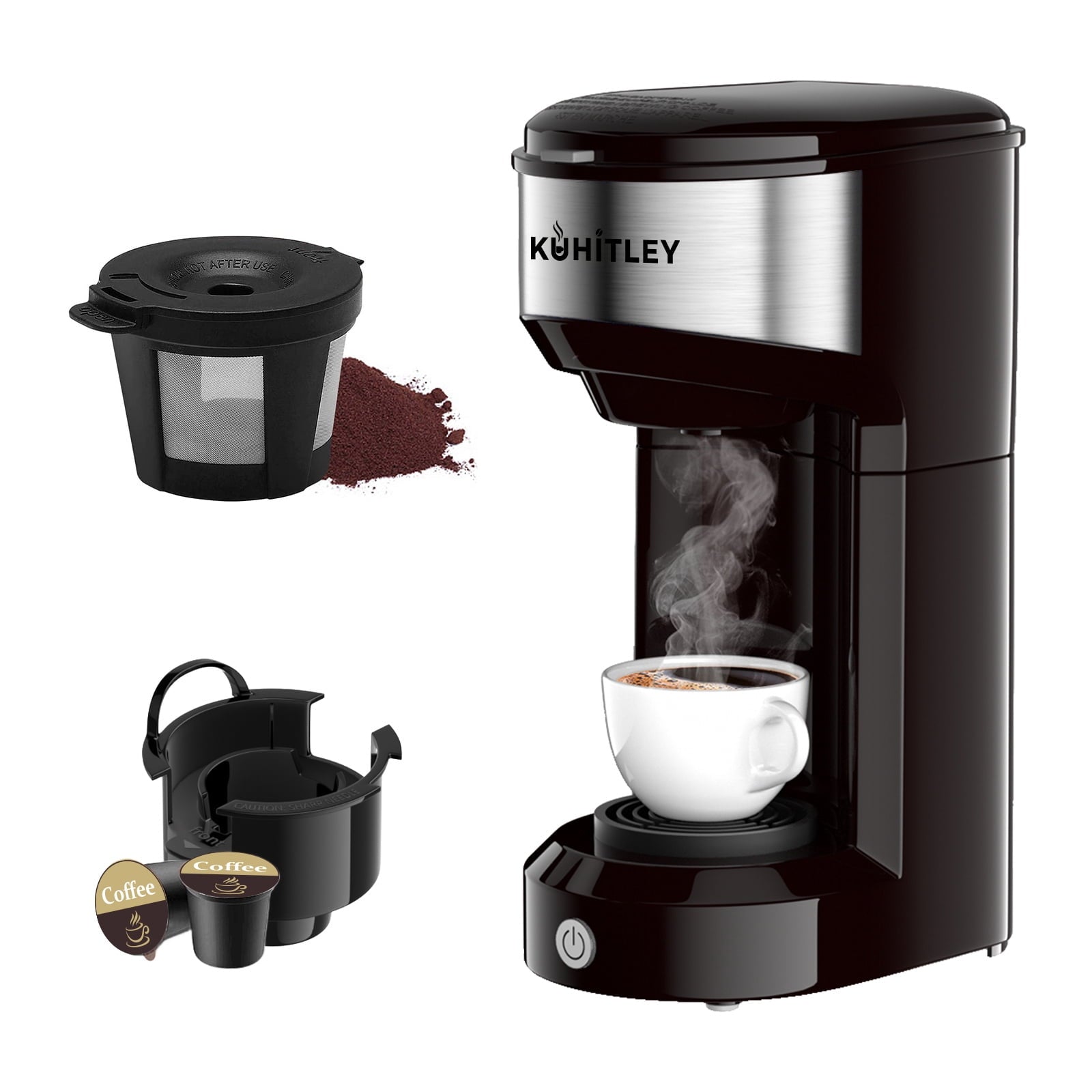 MINI Single Serve Coffee Maker - Instant Coffee Maker One Cup for K Cup & Ground Coffee, Portable Capsule Coffee Machine with 6 to 14oz Reservoir, 90 Seconds Fast Brewing and One Button Operation