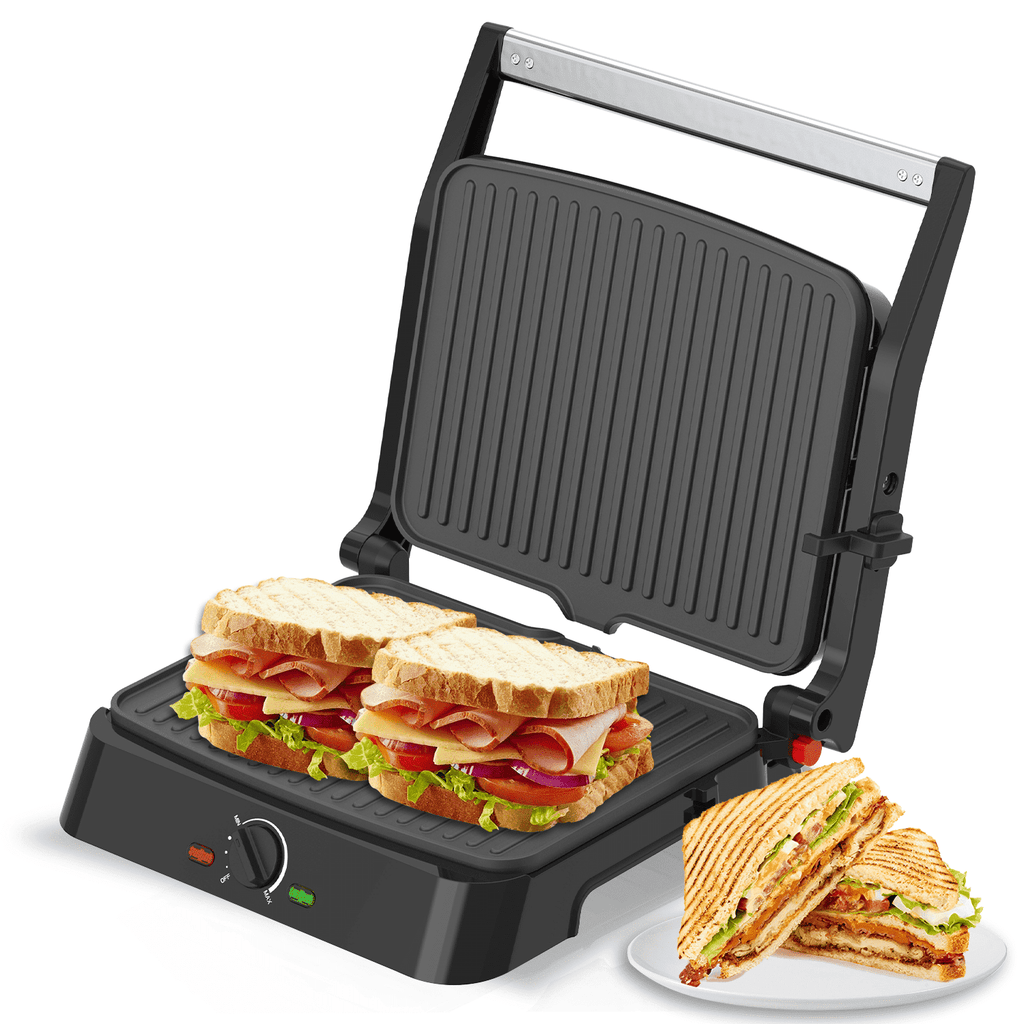 MIRASTON Electric Panini Press Grill - 3-in-1 Sandwich Maker with Non-Stick Plates, 180° Flat Open, Dishwasher Safe, Silver