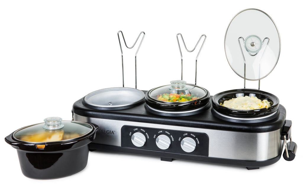 Nostalgia 1.5 qt Triple Slow Cooker - 3 Crock Pot Buffet Server with Removable Ceramic Pots, Stainless Steel